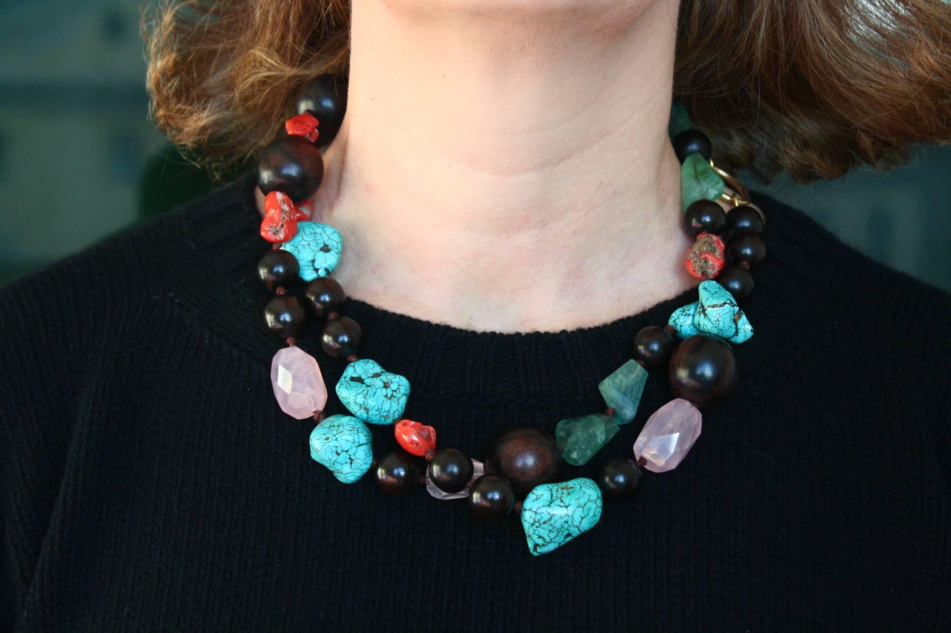 Very nice and colorful necklace that you can we are in 2 different way long and short at the convenience, coral, ebony, rose quartz, fluorite beads.
Total length 104 cm.
All Giulia Colussi jewelry is new and has never been previously owned or worn.