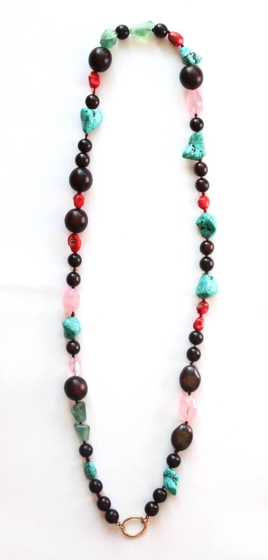Artisan Long Necklace Ebony Coral Fluorite Turquoise For Sale