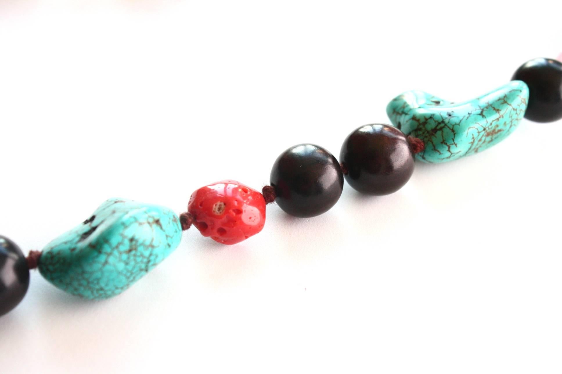 Bead Long Necklace Ebony Coral Fluorite Turquoise For Sale