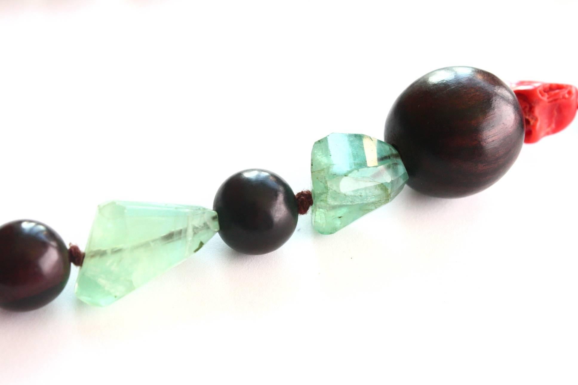 Women's or Men's Long Necklace Ebony Coral Fluorite Turquoise For Sale