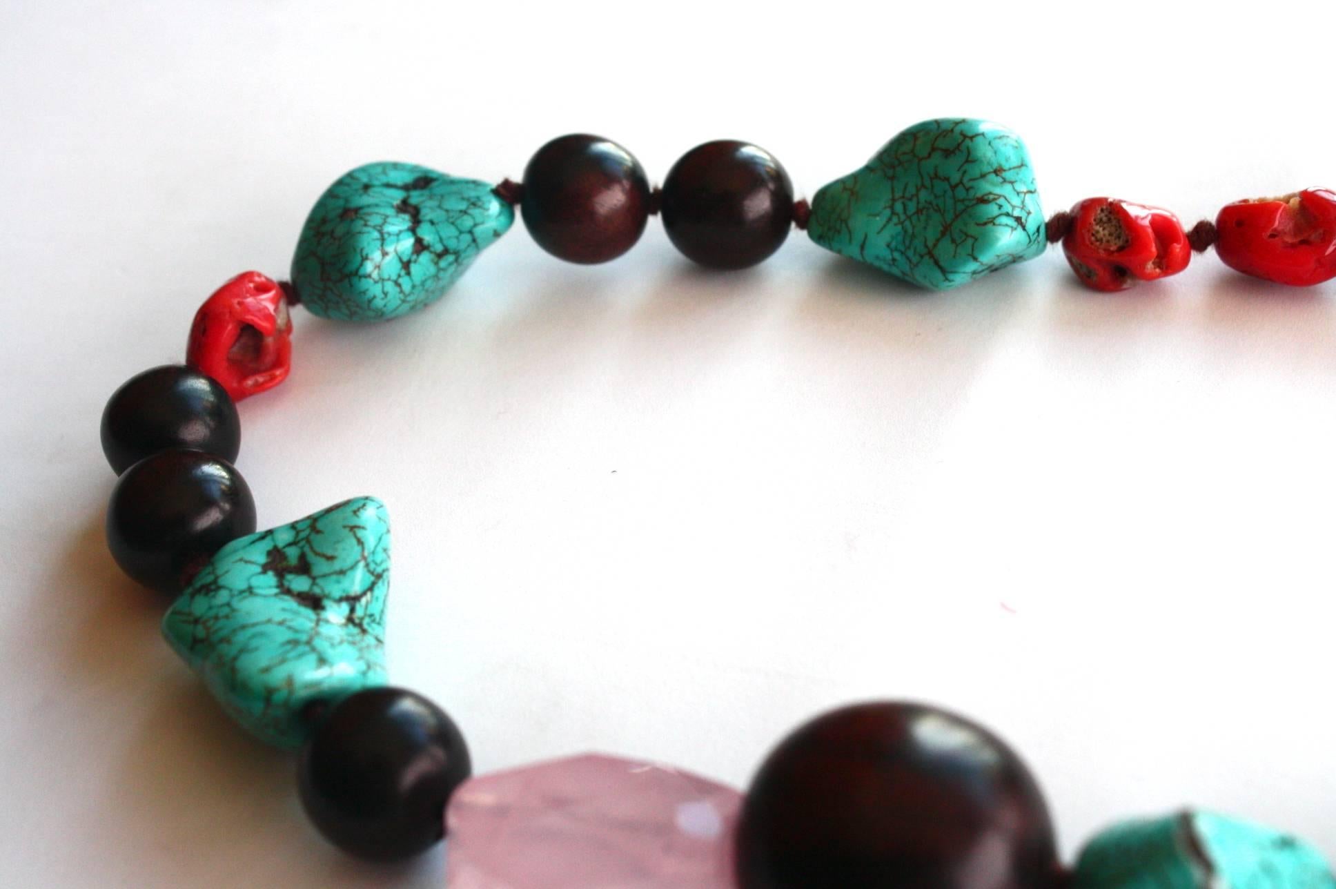 Long Necklace Ebony Coral Fluorite Turquoise For Sale 3