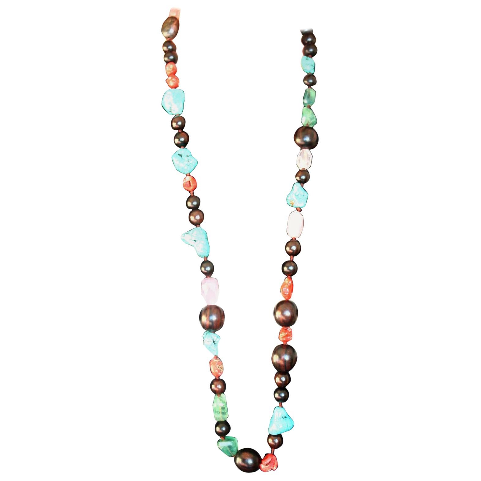 Long Necklace Ebony Coral Fluorite Turquoise For Sale