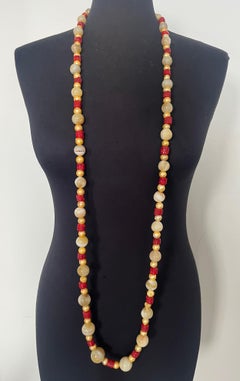 Long Necklace in Vintage Yellow Agate, Golden Baroque Pearls, and Coral Glass