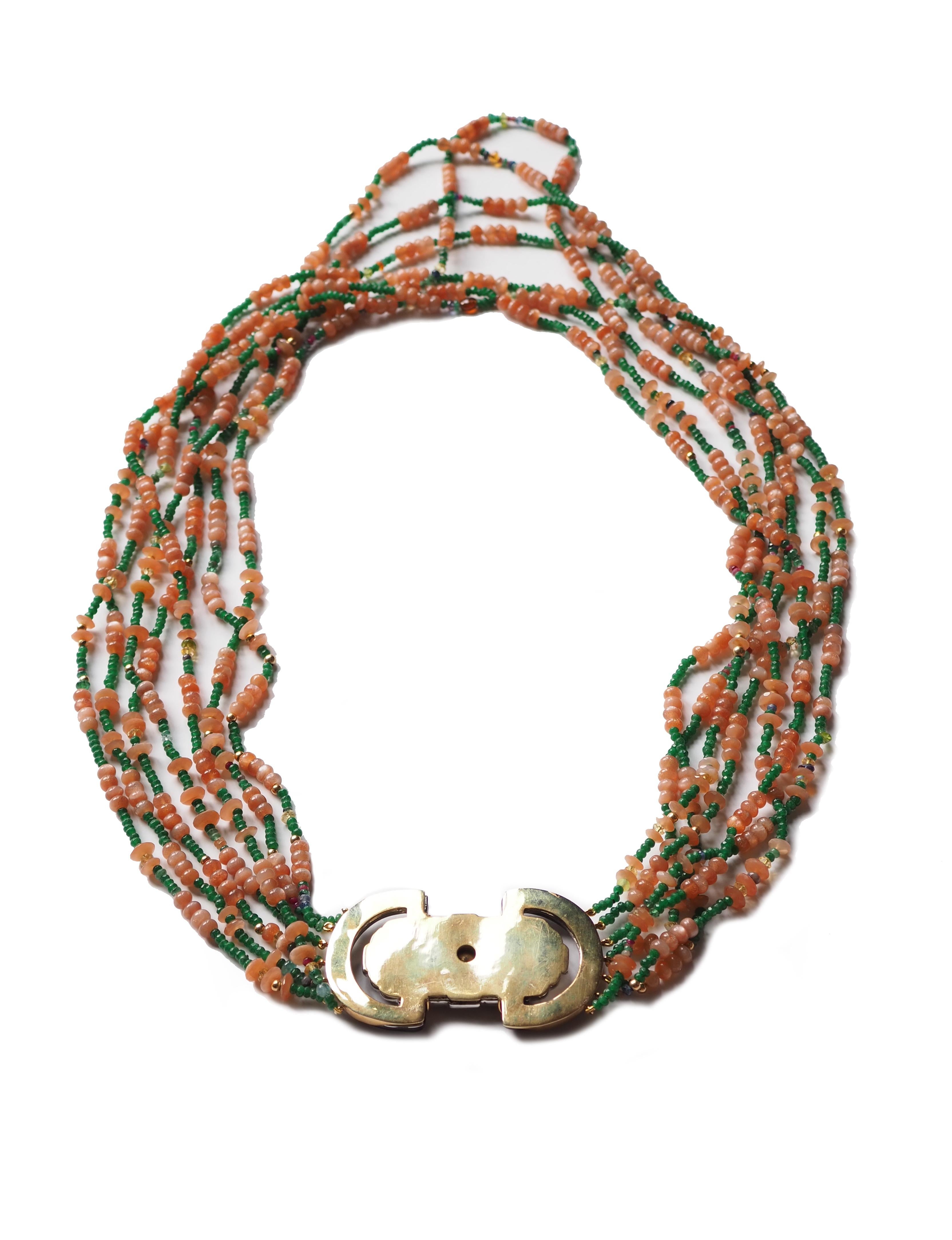 Women's or Men's Long Necklace Opal Emerald Gold Antique Decò Broches For Sale