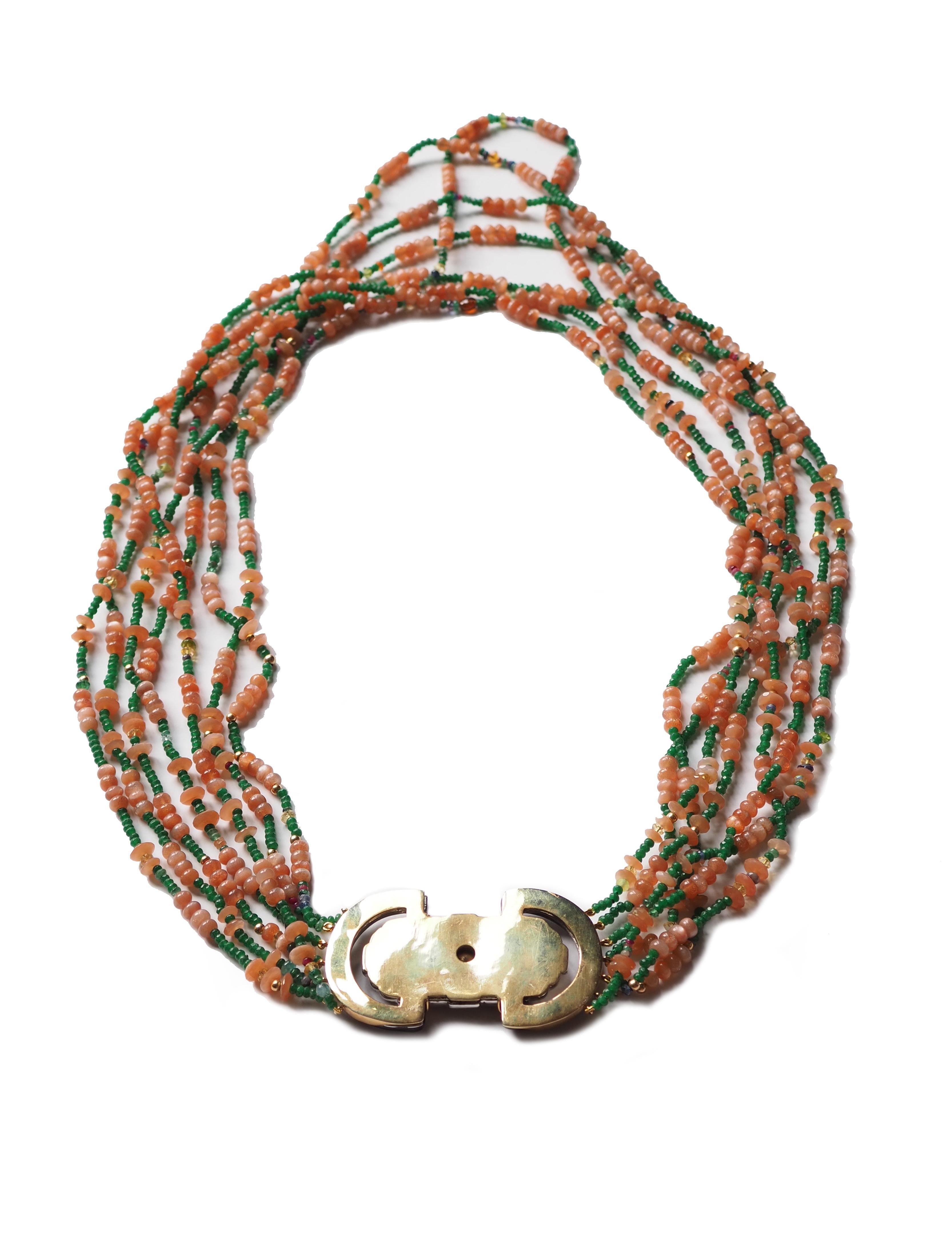 Women's or Men's Long Necklace Opal Emerald Gold Antique Decò Broches For Sale