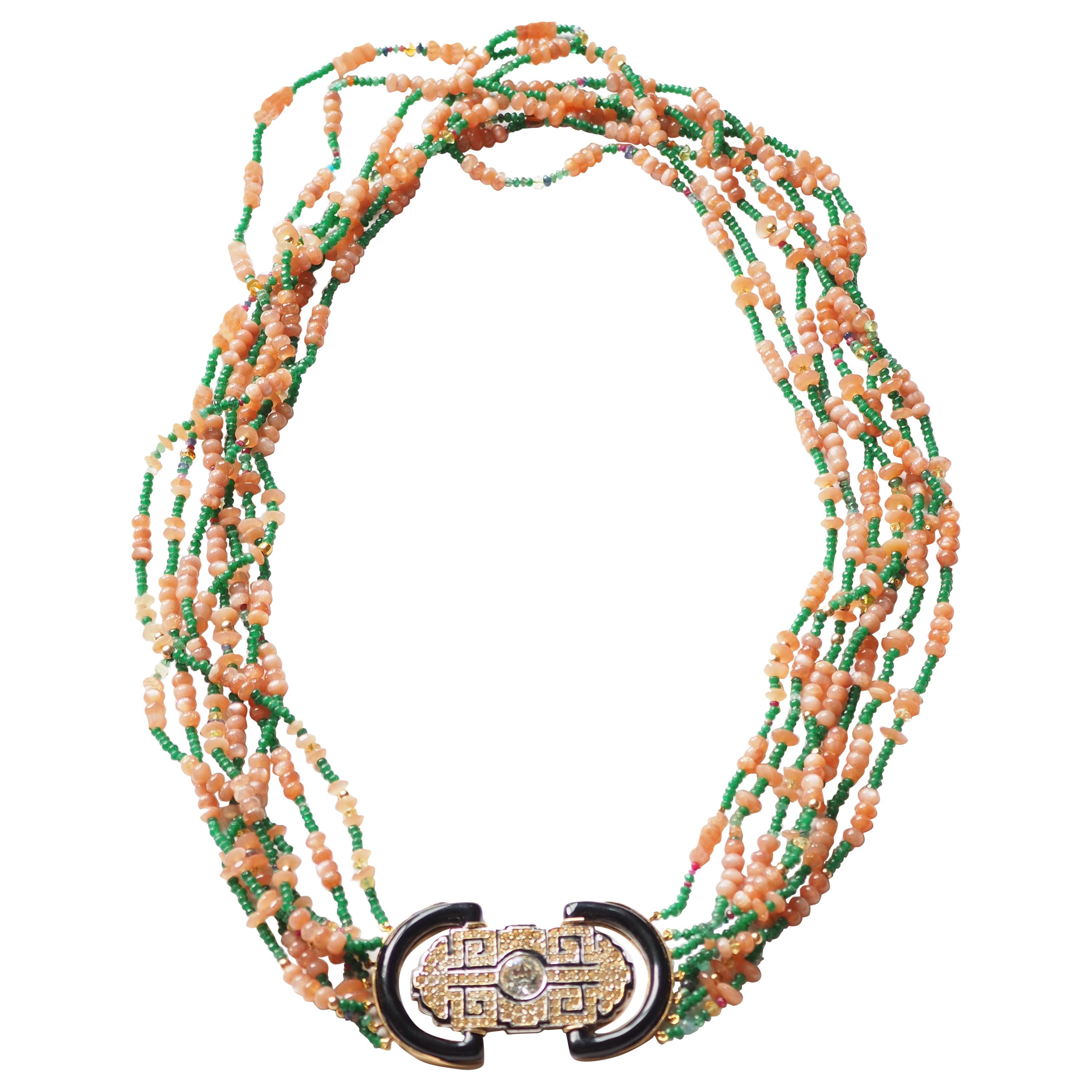 Long Necklace Opal Emerald Gold Antique Decò Broches For Sale