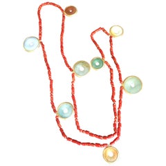 Long Necklace Red Italian Coral Different Colored Jade Bi 18 Karat Gold