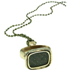 Long Necklace, Vintage Pendant, Pyrite, 10 Karat Gold