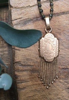 Long Necklace, Vintage Pendant, Pyrite 15 Karat Gold