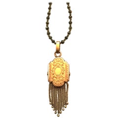 Long Necklace, Vintage Pendant, Pyrite 15 Karat Gold