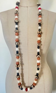 Long Necklace with Bone, African Terracotta, Bamboo Coral and Vintage Stone