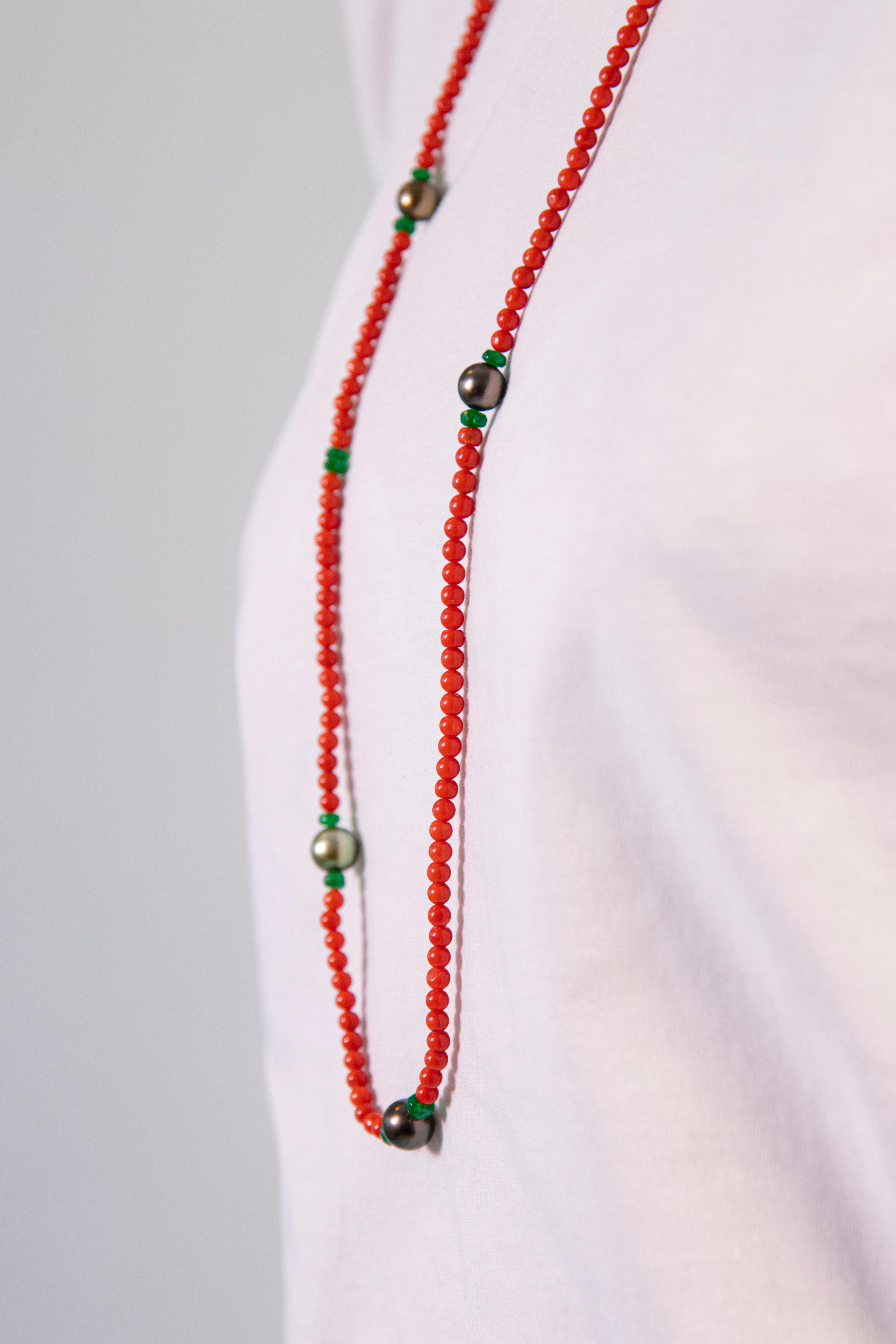 Contemporary Long Natural Coral Necklace with Tsavorite Beads and Tahiti pearls