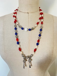 Long Necklace with Cultured Baroque Pearls, Lapis Lazuli and Red Gemstones