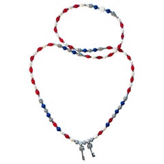Long Necklace with Cultured Baroque Pearls, Lapis Lazuli and Red Gemstones