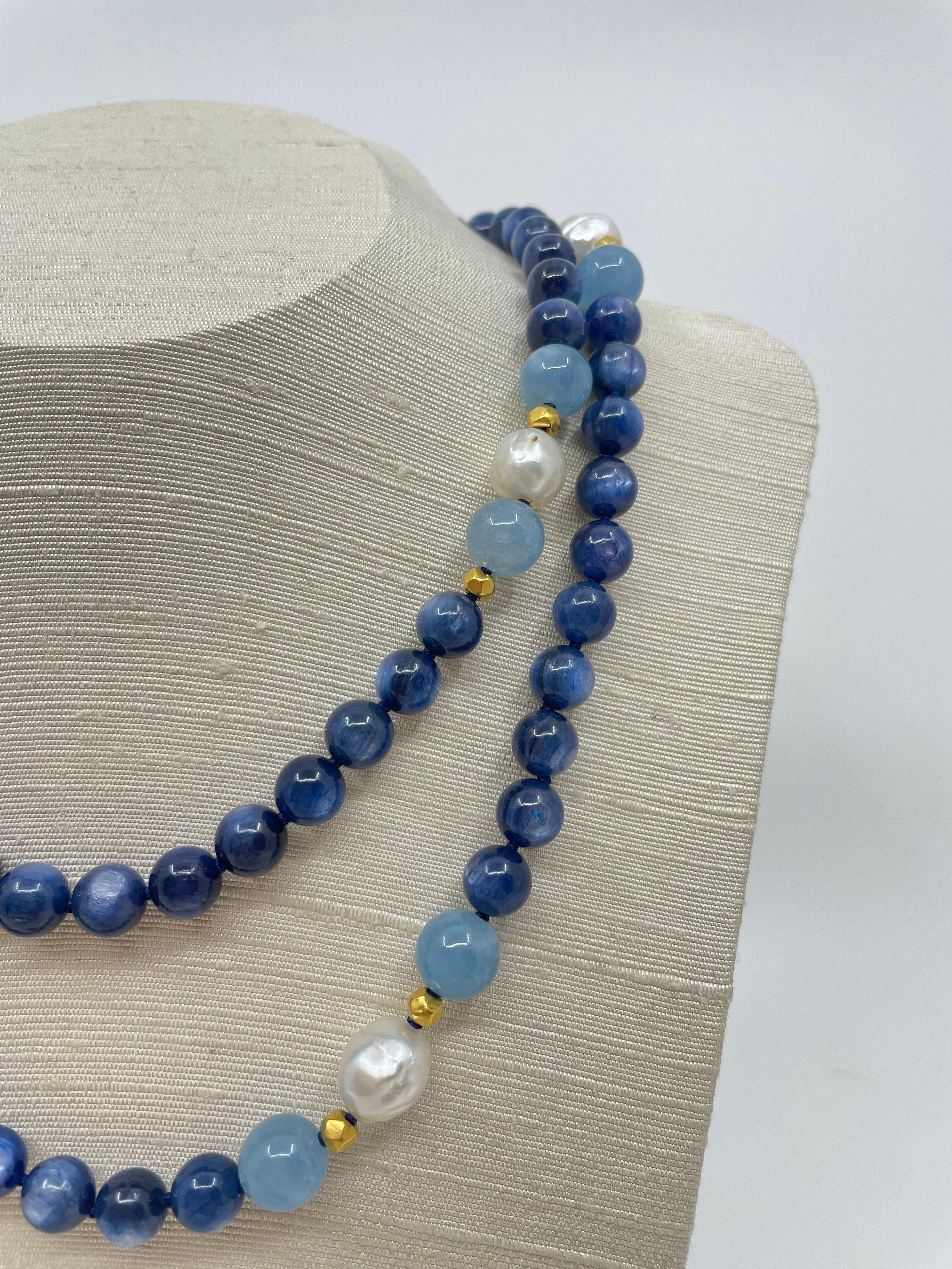 Long Necklace with Kyanite, Aquamarine, South Sea Pearls & 18K Solid Gold Beads For Sale 6