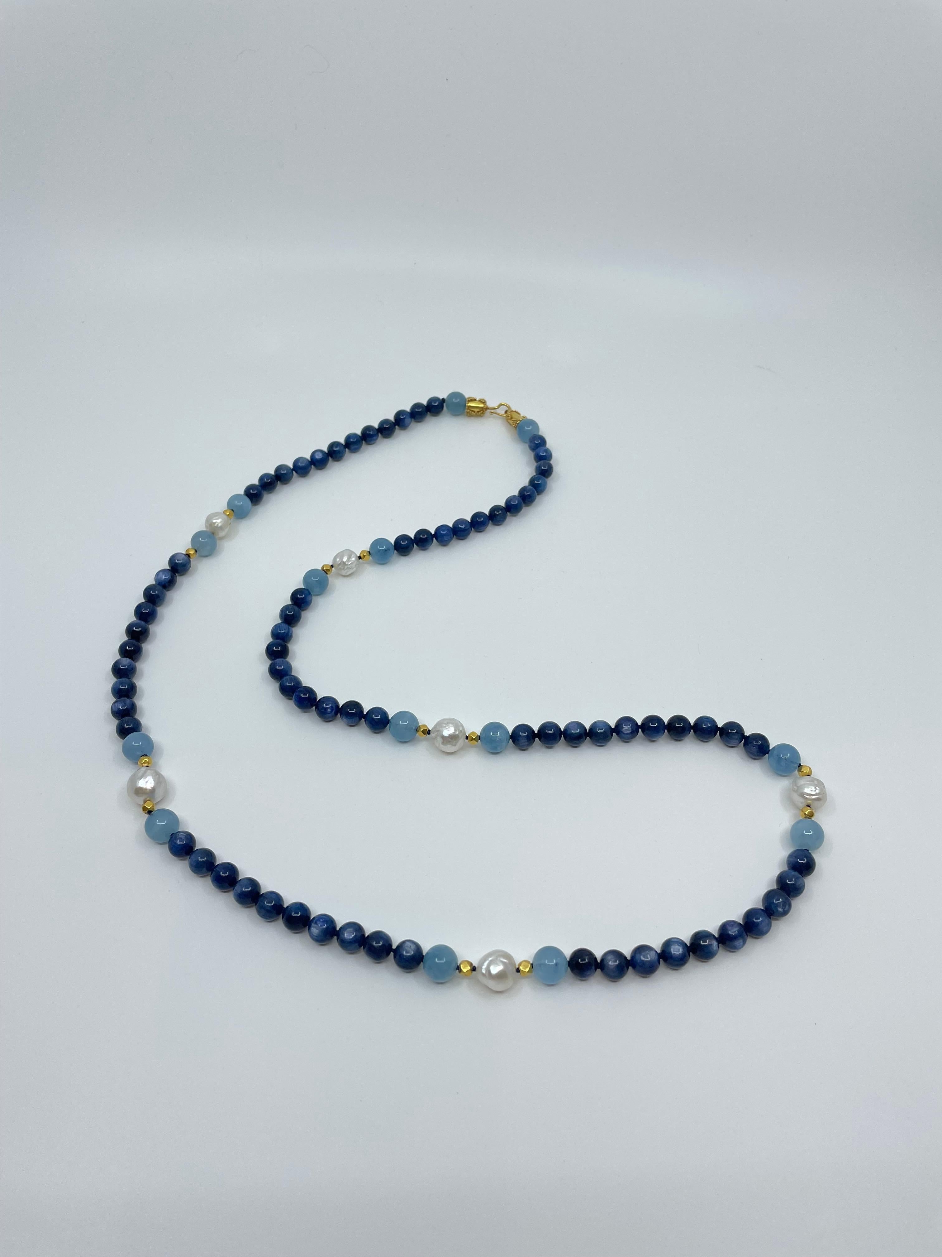 Long Necklace with Kyanite, Aquamarine, South Sea Pearls & 18K Solid Gold Beads For Sale 7