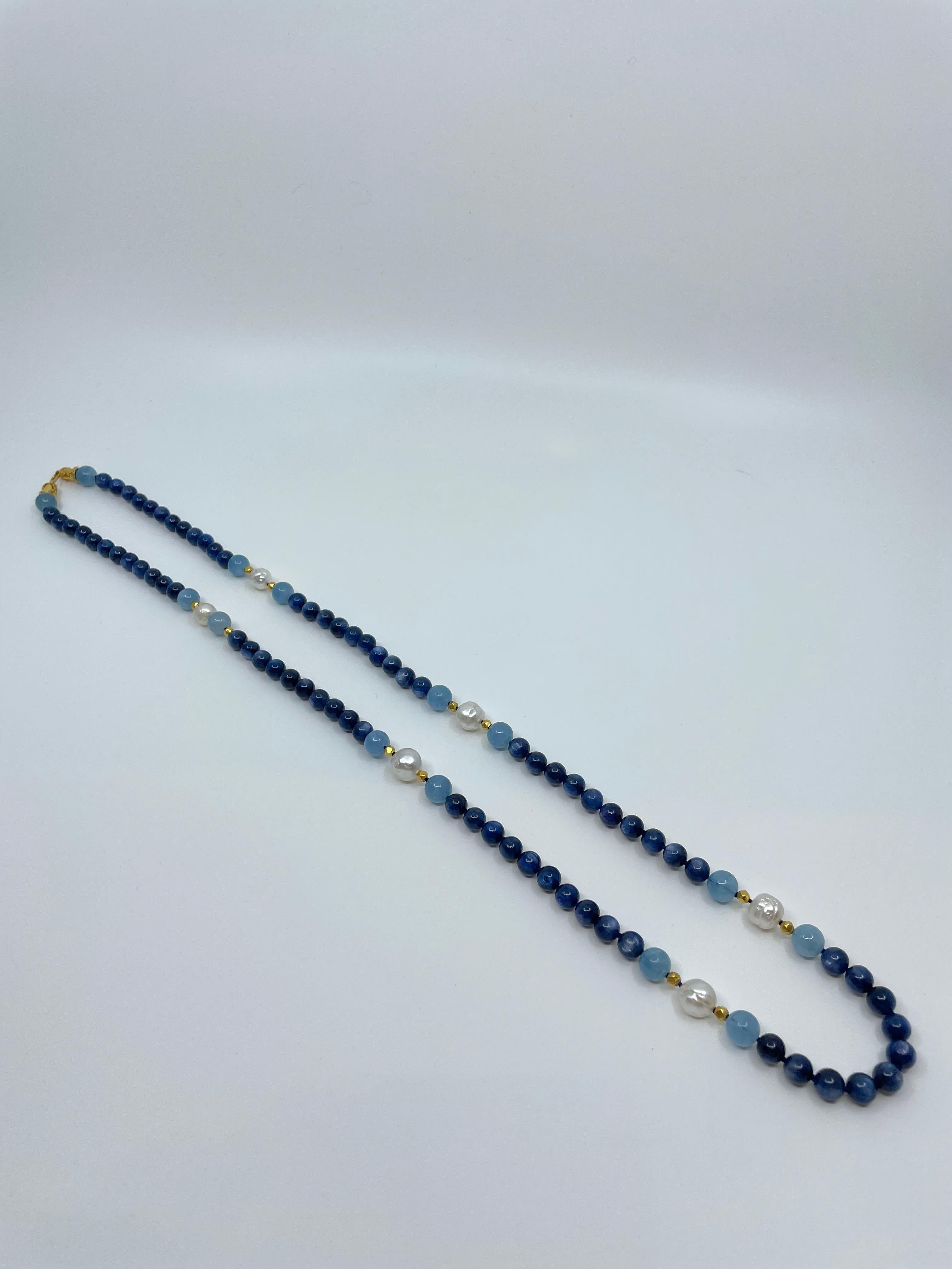 Long Necklace with Kyanite, Aquamarine, South Sea Pearls & 18K Solid Gold Beads For Sale 8