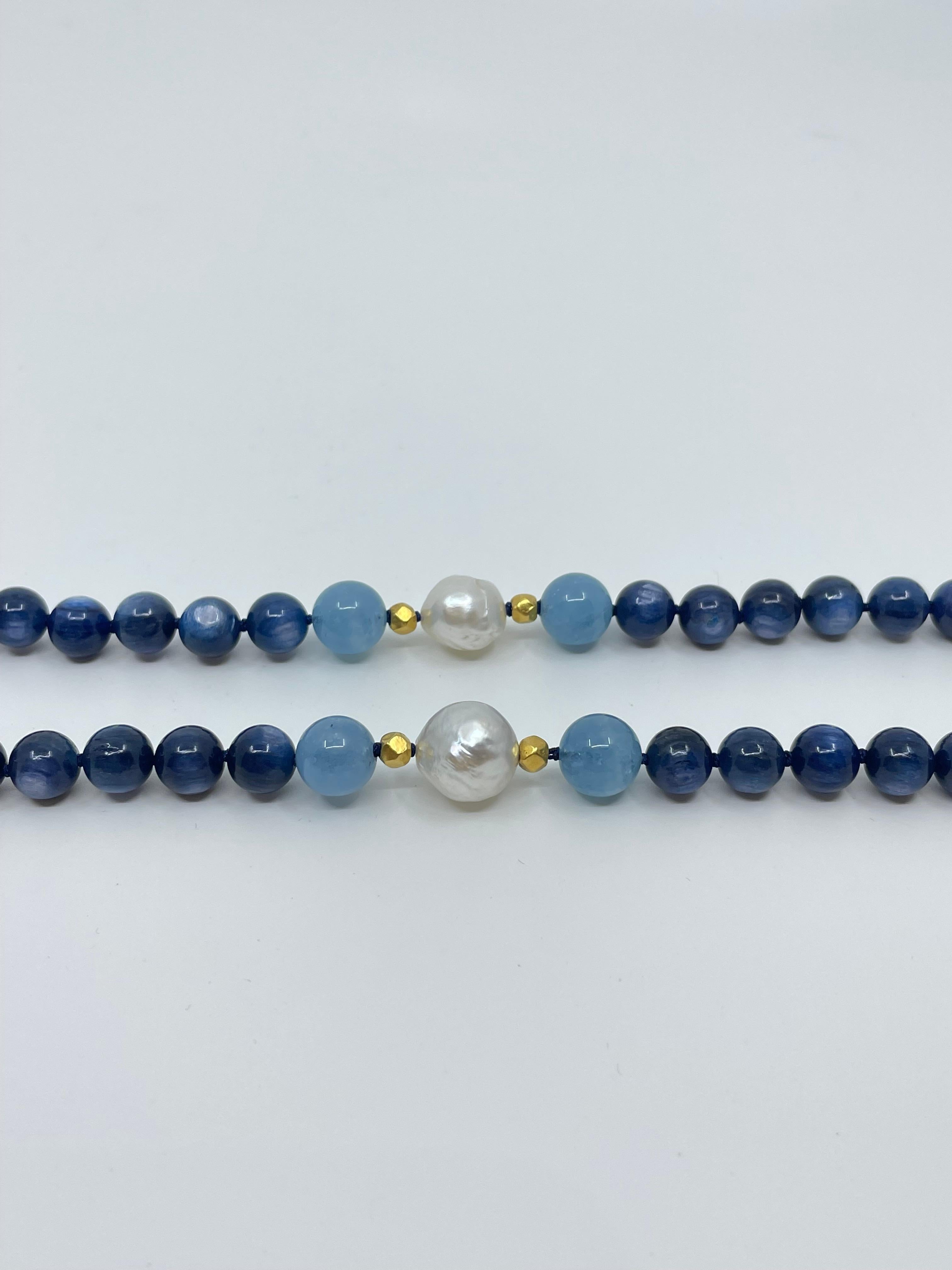 Long Necklace with Kyanite, Aquamarine, South Sea Pearls & 18K Solid Gold Beads For Sale 9