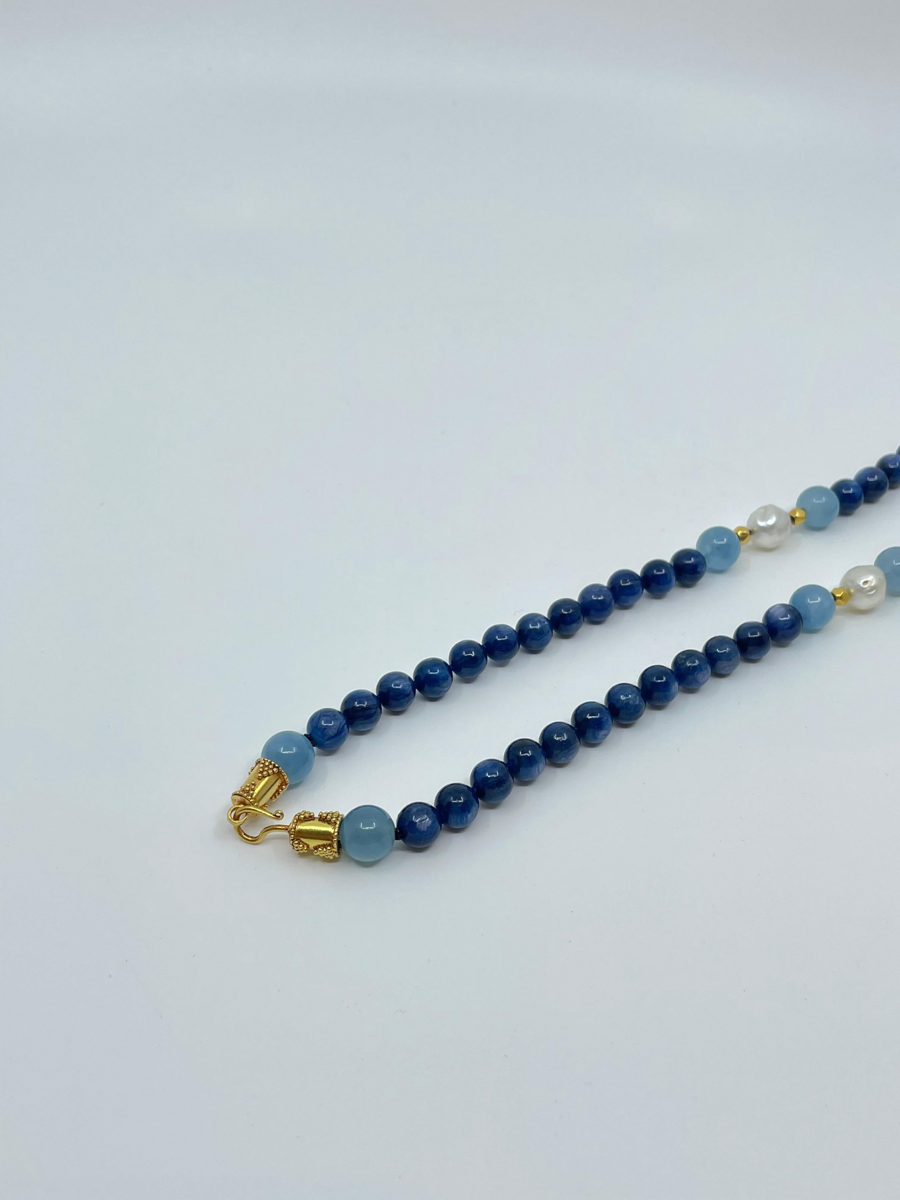 Long Necklace with Kyanite, Aquamarine, South Sea Pearls & 18K Solid Gold Beads For Sale 10