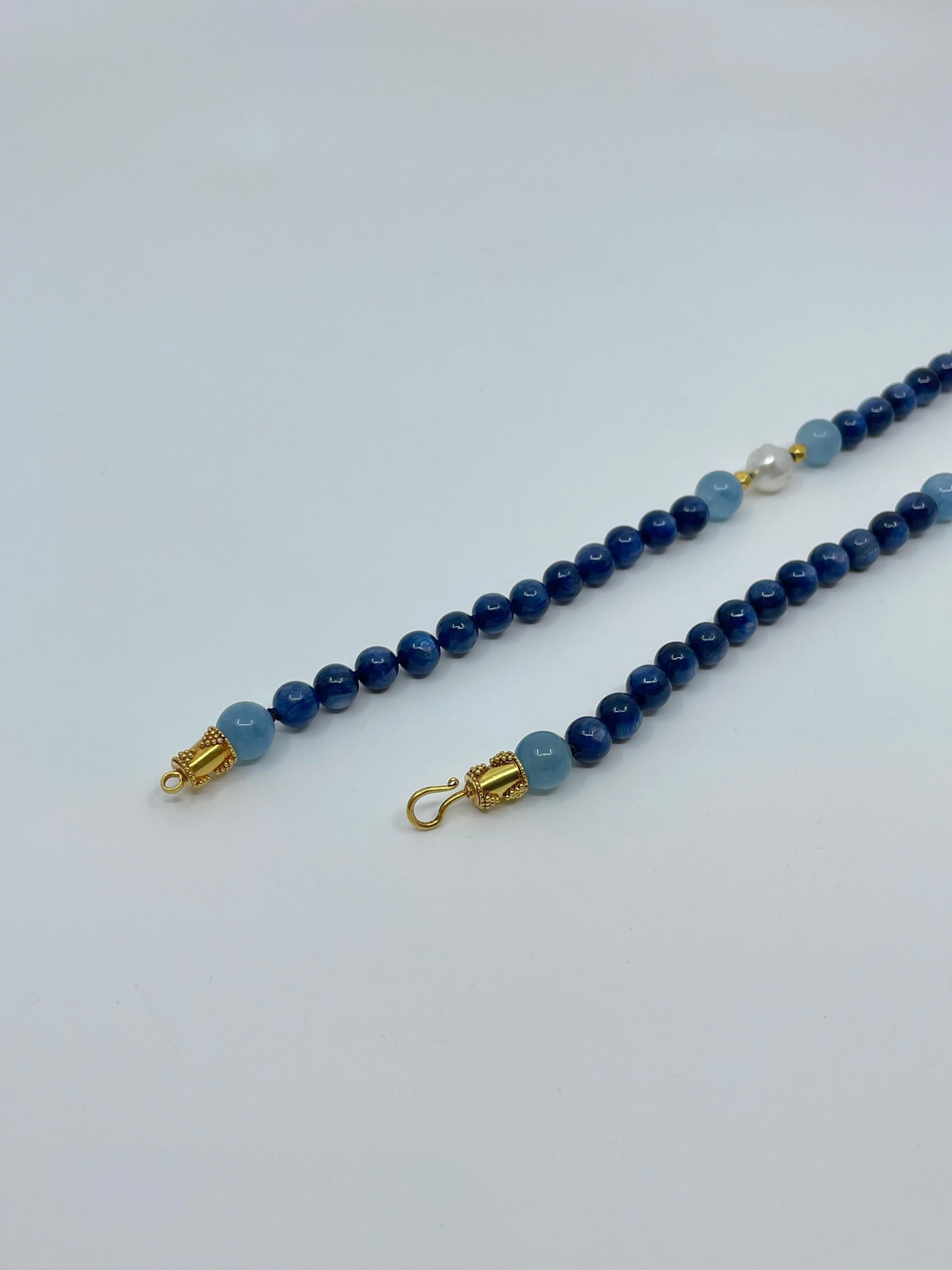 Long Necklace with Kyanite, Aquamarine, South Sea Pearls & 18K Solid Gold Beads For Sale 11