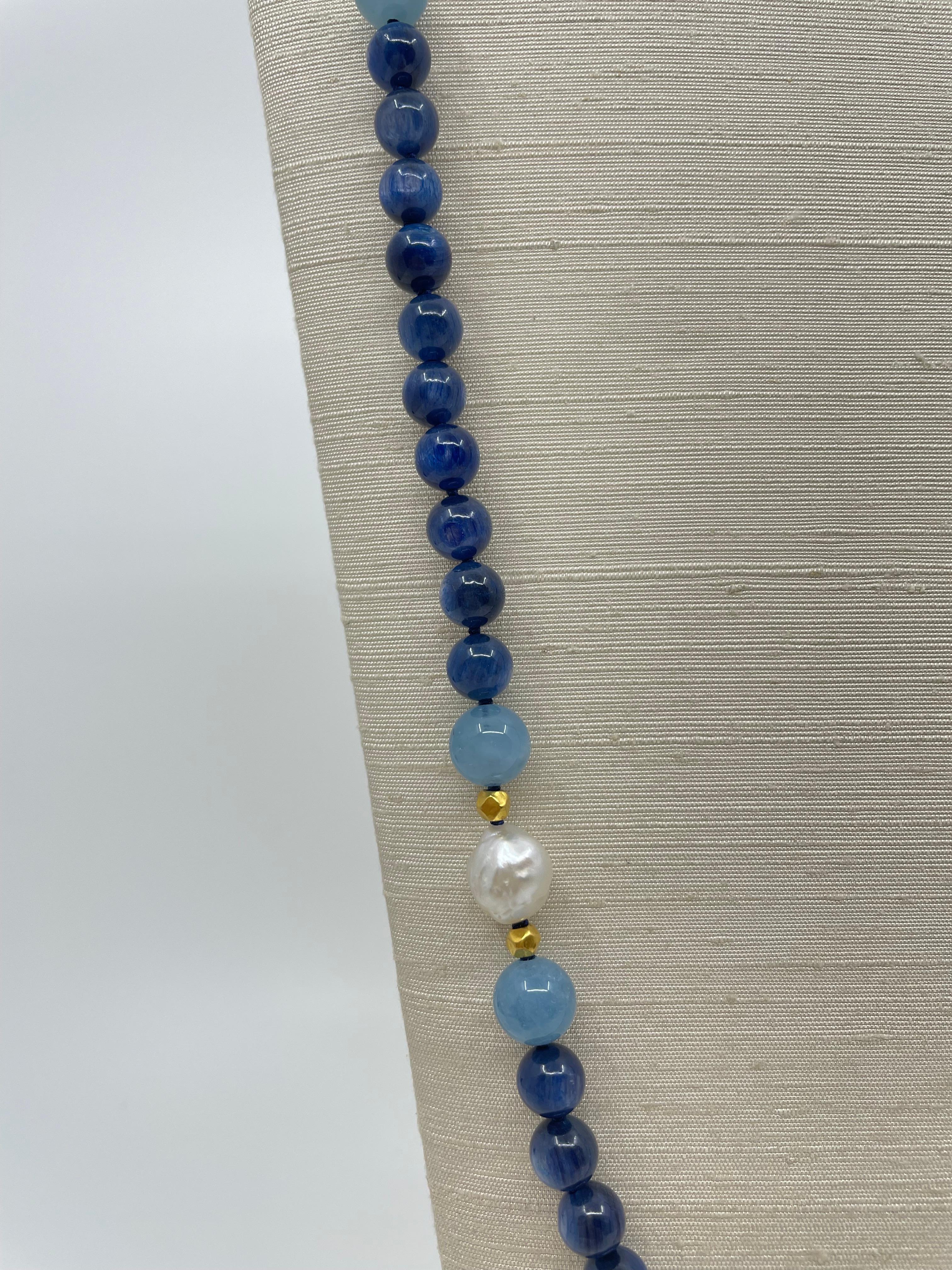 Women's or Men's Long Necklace with Kyanite, Aquamarine, South Sea Pearls & 18K Solid Gold Beads For Sale