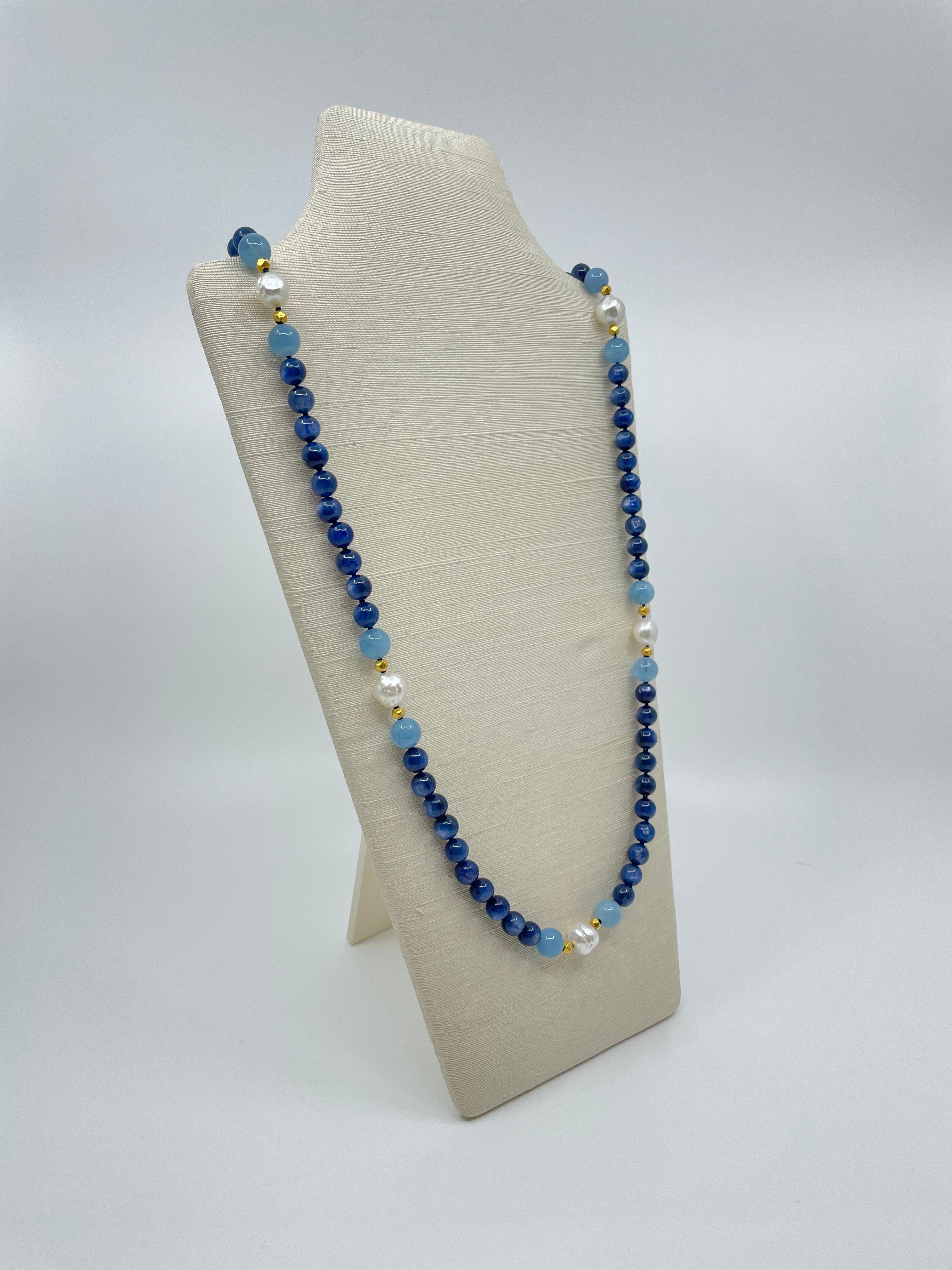 Long Necklace with Kyanite, Aquamarine, South Sea Pearls & 18K Solid Gold Beads For Sale 1