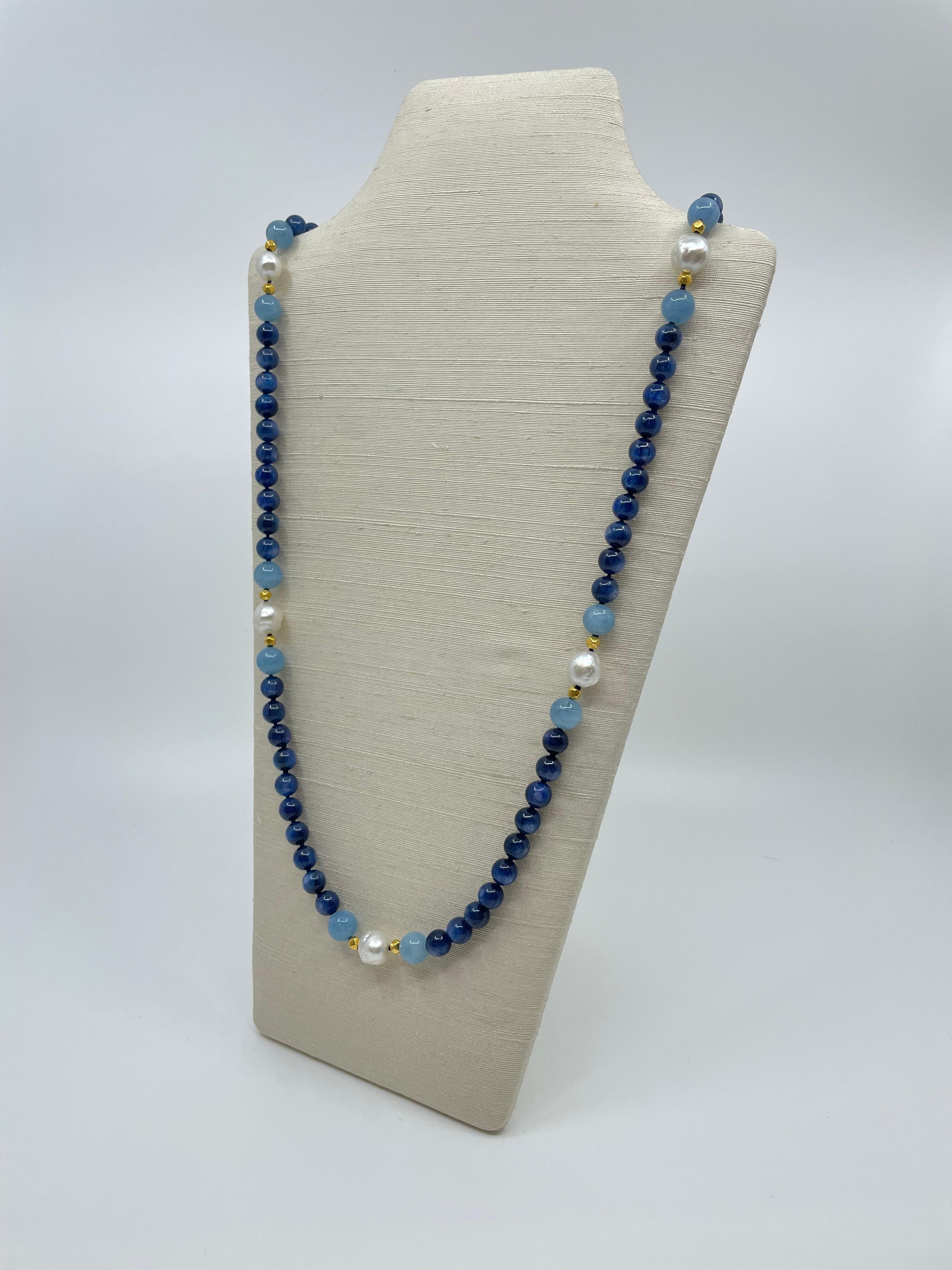 Long Necklace with Kyanite, Aquamarine, South Sea Pearls & 18K Solid Gold Beads For Sale 2
