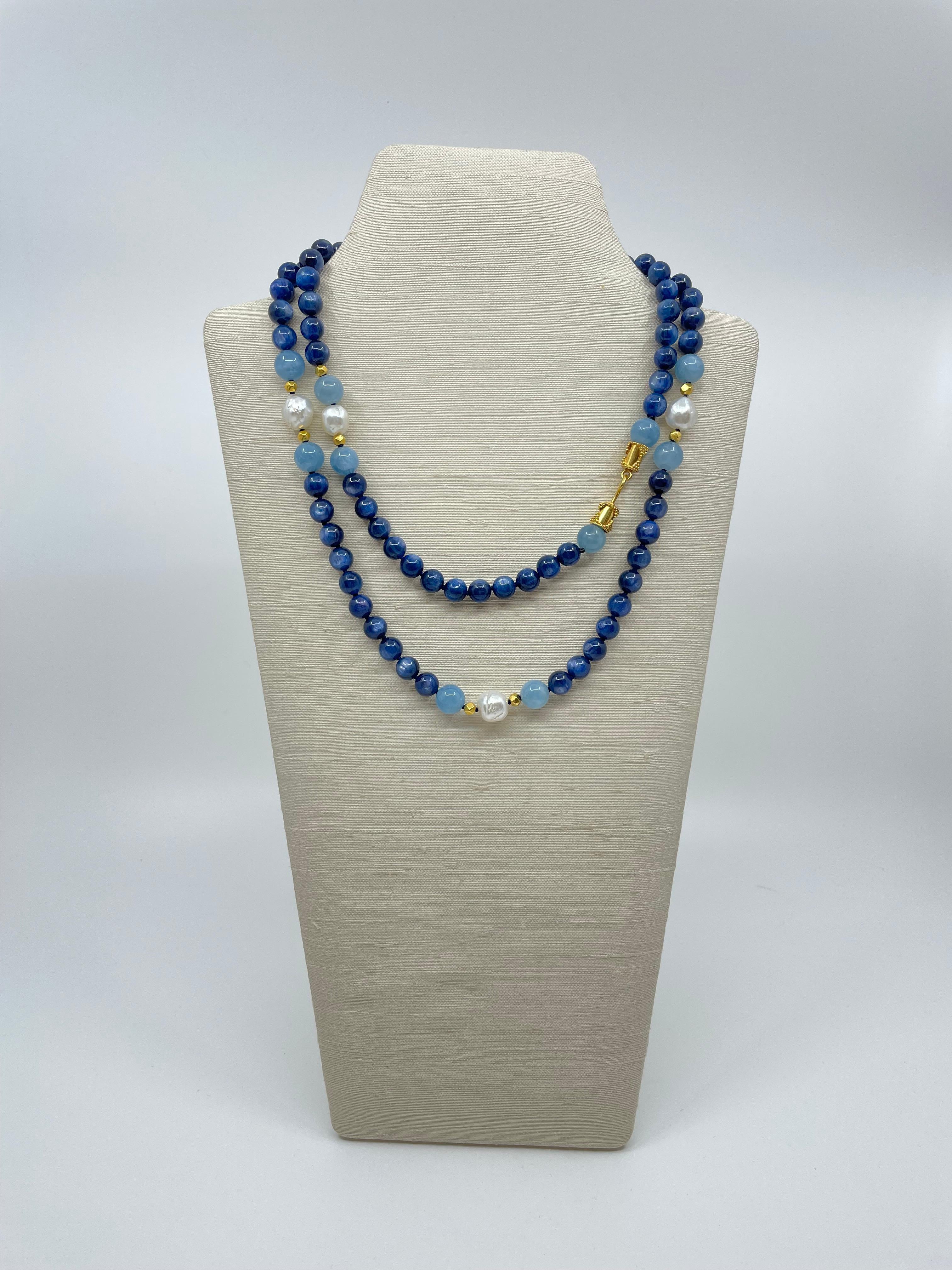 Long Necklace with Kyanite, Aquamarine, South Sea Pearls & 18K Solid Gold Beads For Sale 3