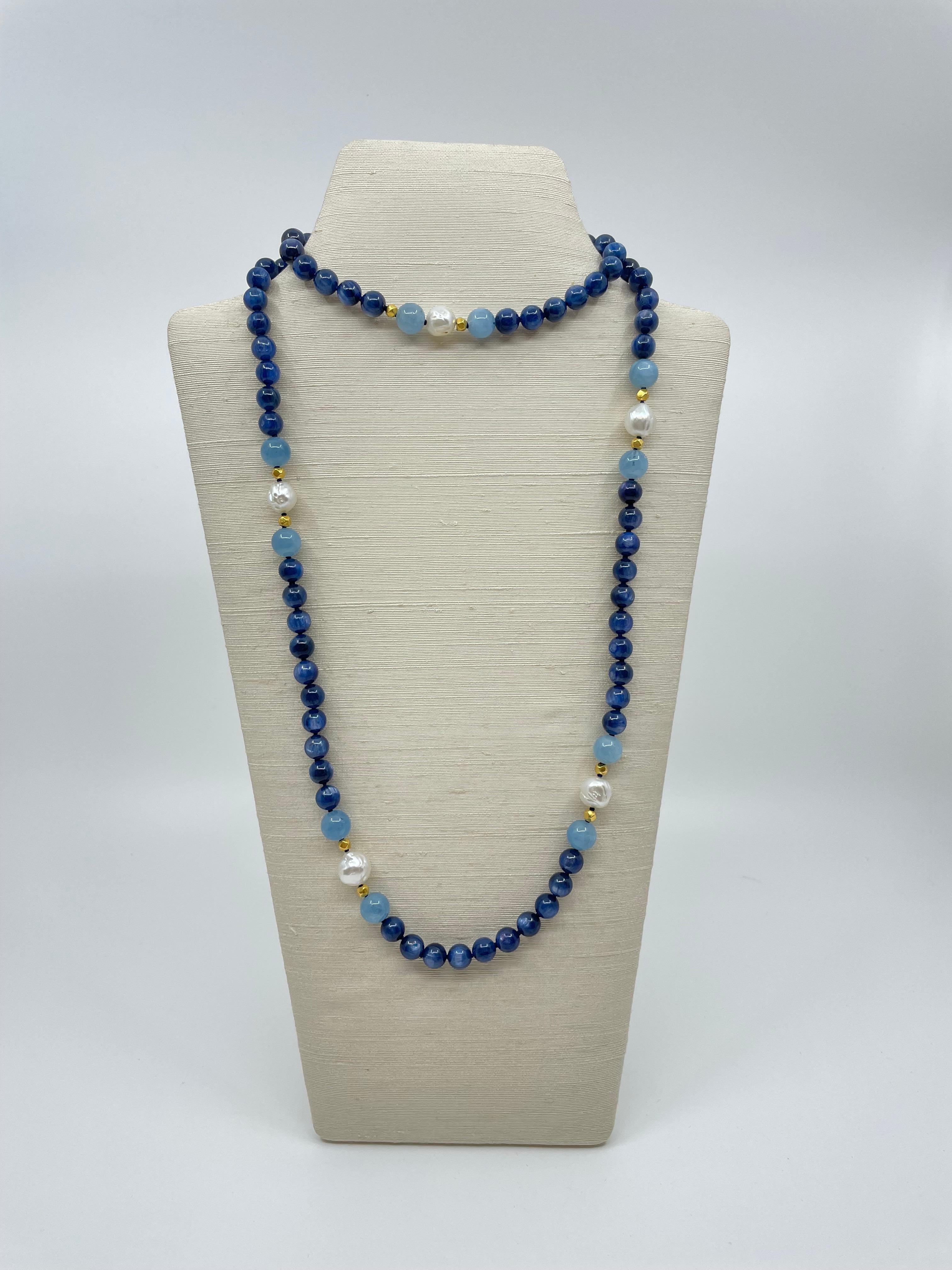 Long Necklace with Kyanite, Aquamarine, South Sea Pearls & 18K Solid Gold Beads For Sale 4