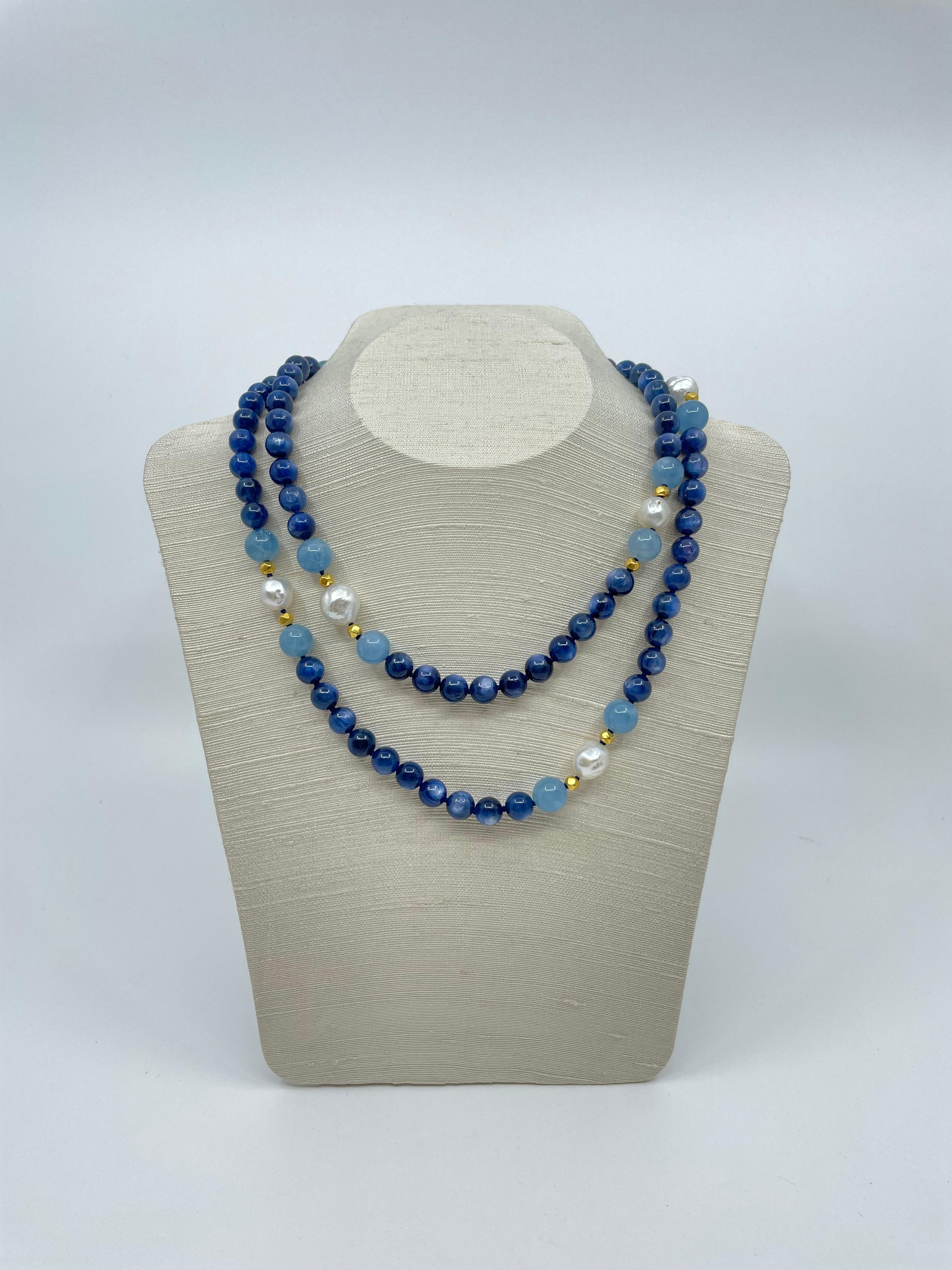 Long Necklace with Kyanite, Aquamarine, South Sea Pearls & 18K Solid Gold Beads For Sale 5