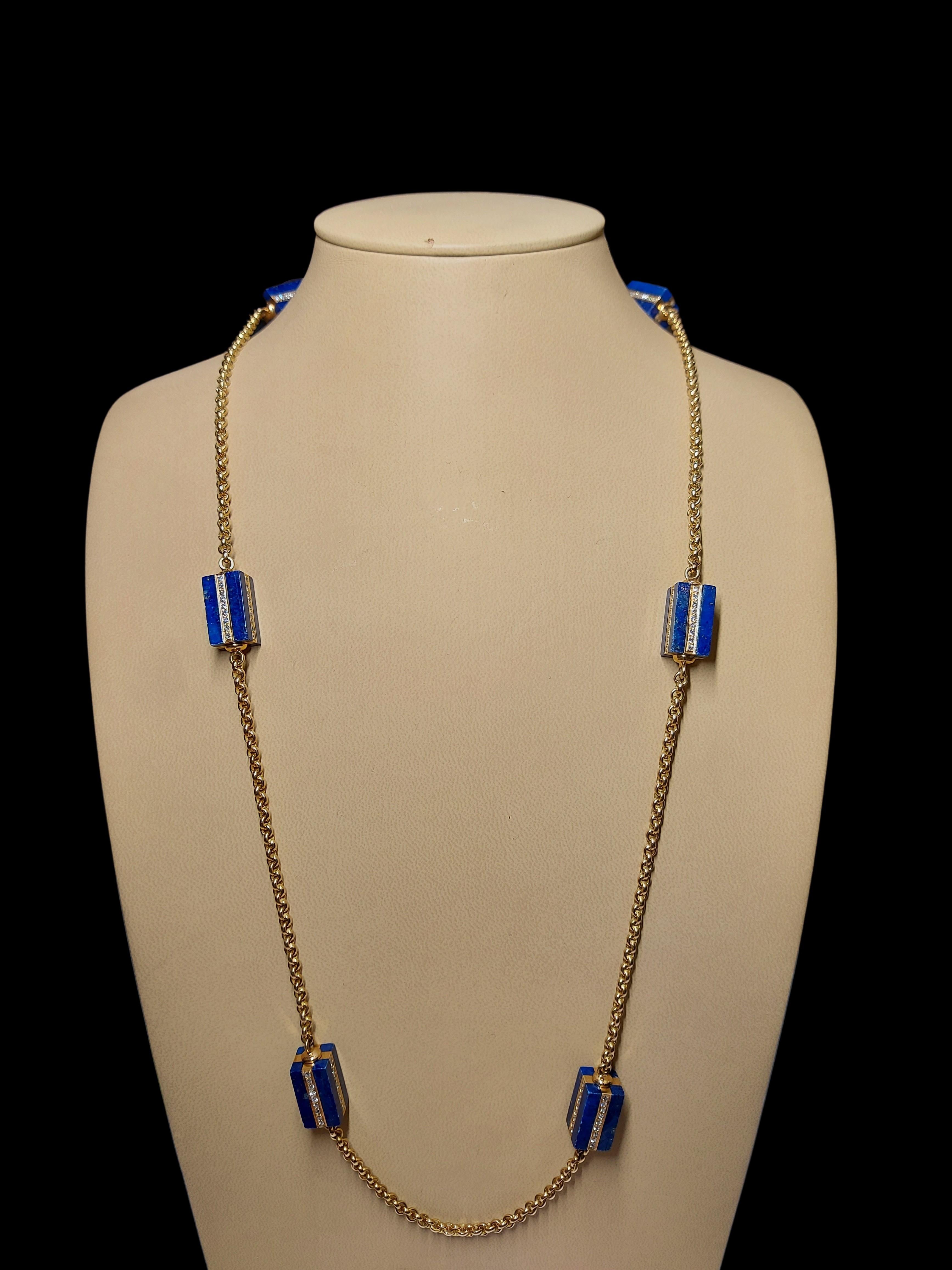 Artisan Long Necklace with Lapis Lazuli and 4.32 Ct Diamonds, Estate Sultan Oman Qaboos For Sale