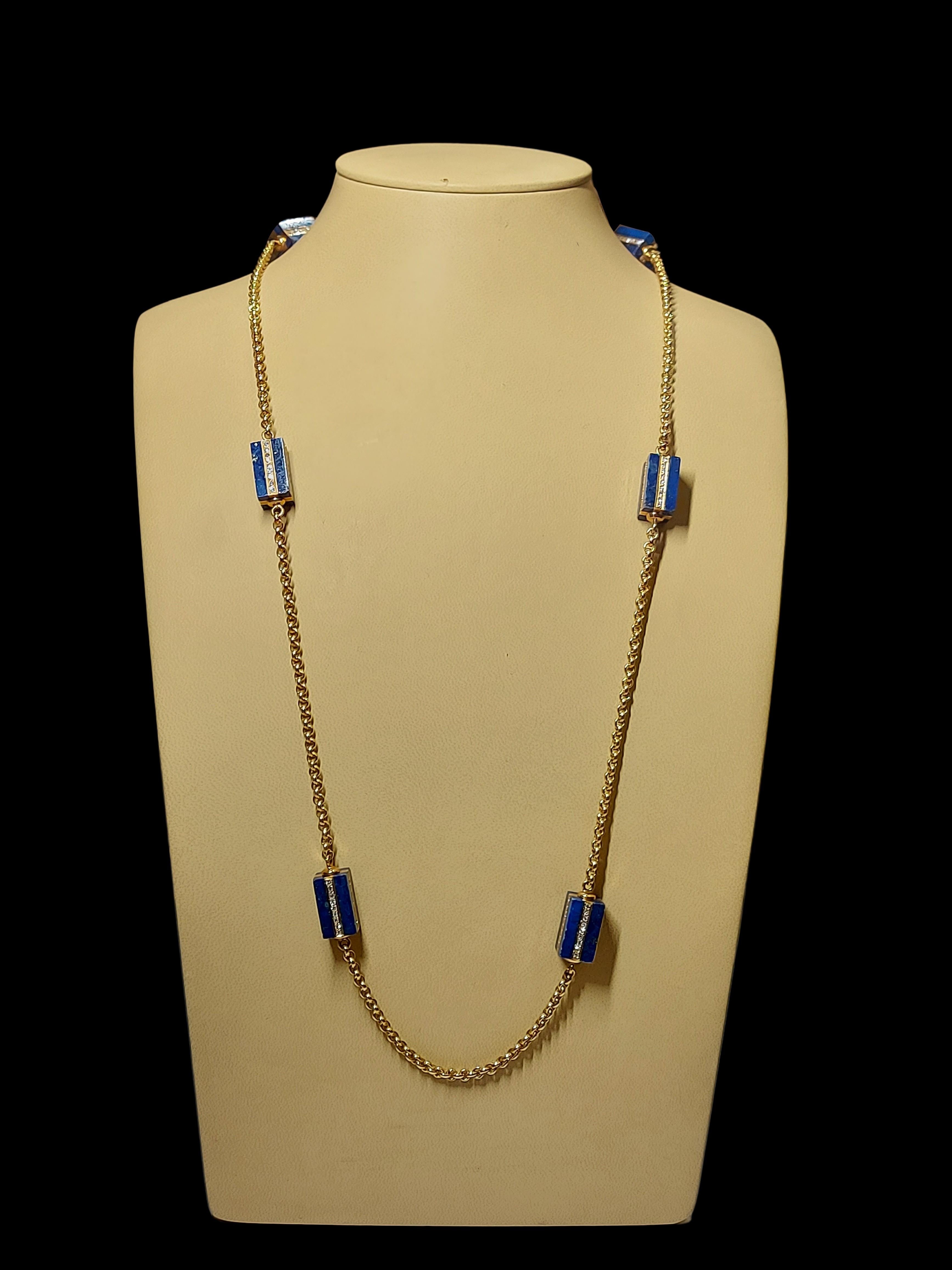 Brilliant Cut Long Necklace with Lapis Lazuli and 4.32 Ct Diamonds, Estate Sultan Oman Qaboos For Sale