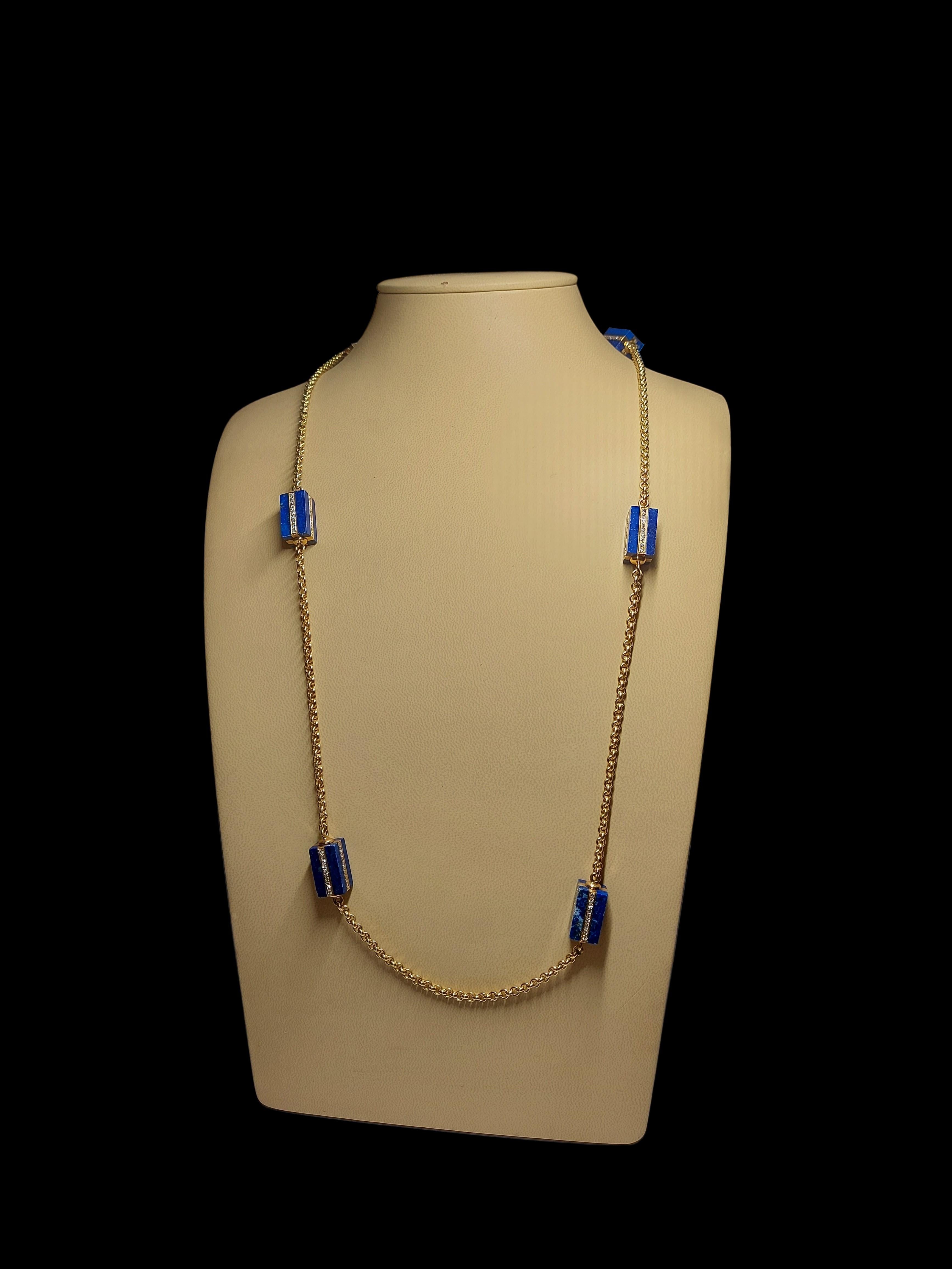 Women's or Men's Long Necklace with Lapis Lazuli and 4.32 Ct Diamonds, Estate Sultan Oman Qaboos For Sale