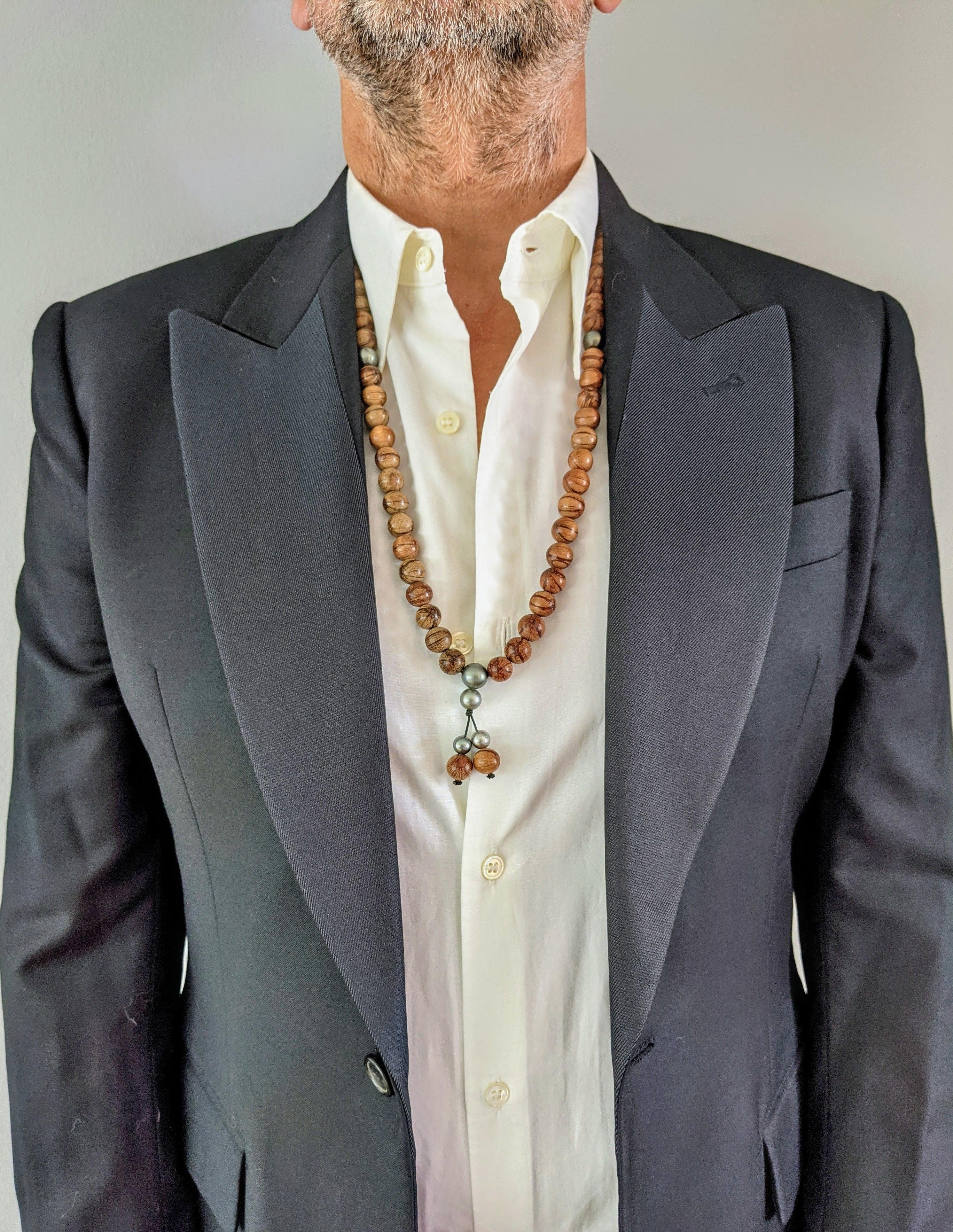 Ball Cut Long Necklace with large Tahiti pearls and Rosewood beads for Men For Sale