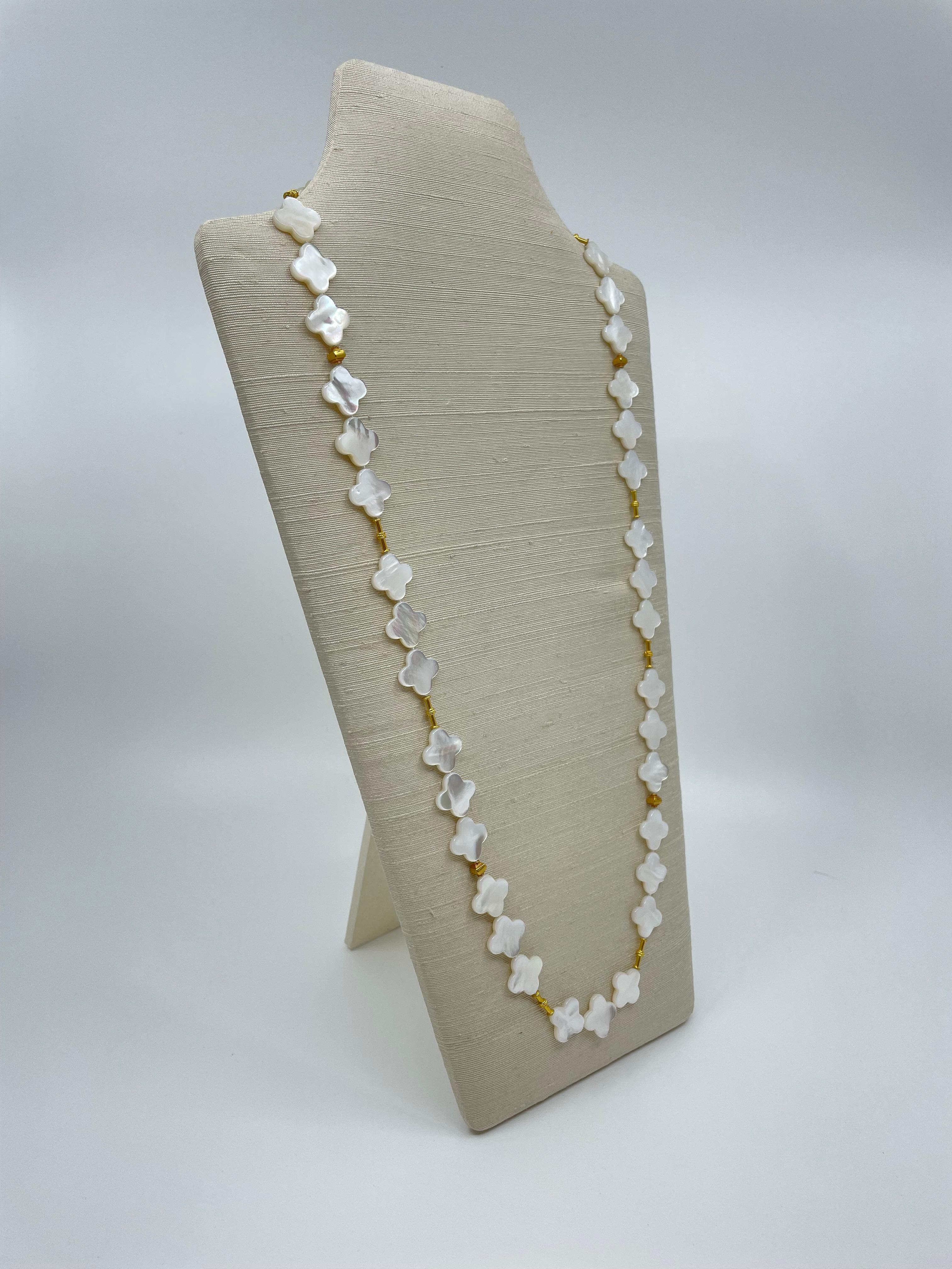 Women's or Men's Long Necklace with Mother-of-Pearl & 18K Solid Gold Beads For Sale