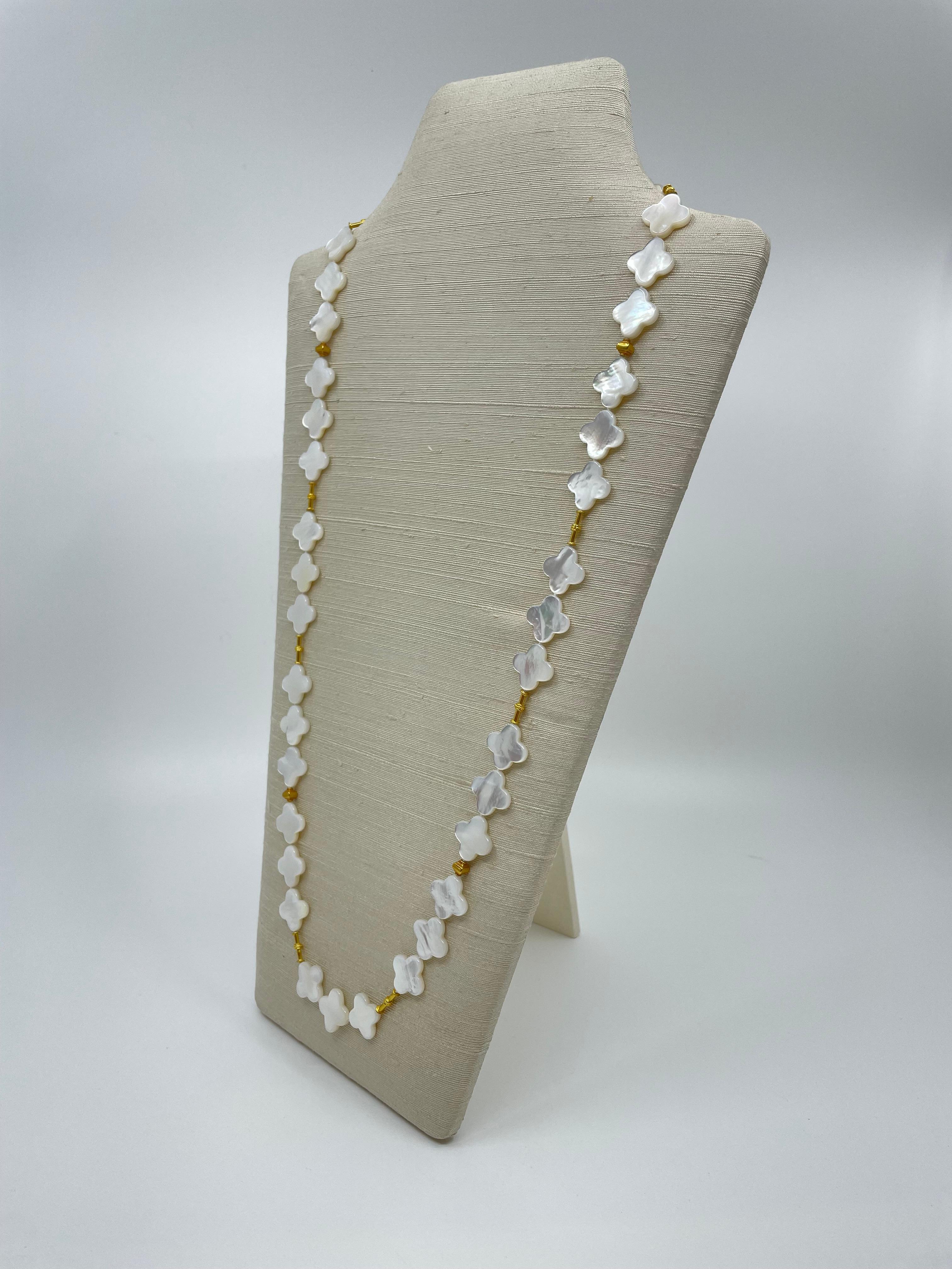 Long Necklace with Mother-of-Pearl & 18K Solid Gold Beads For Sale 1