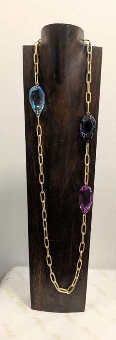 Long Necklace with Rectangular pastel hawser in 18k gold plated chain