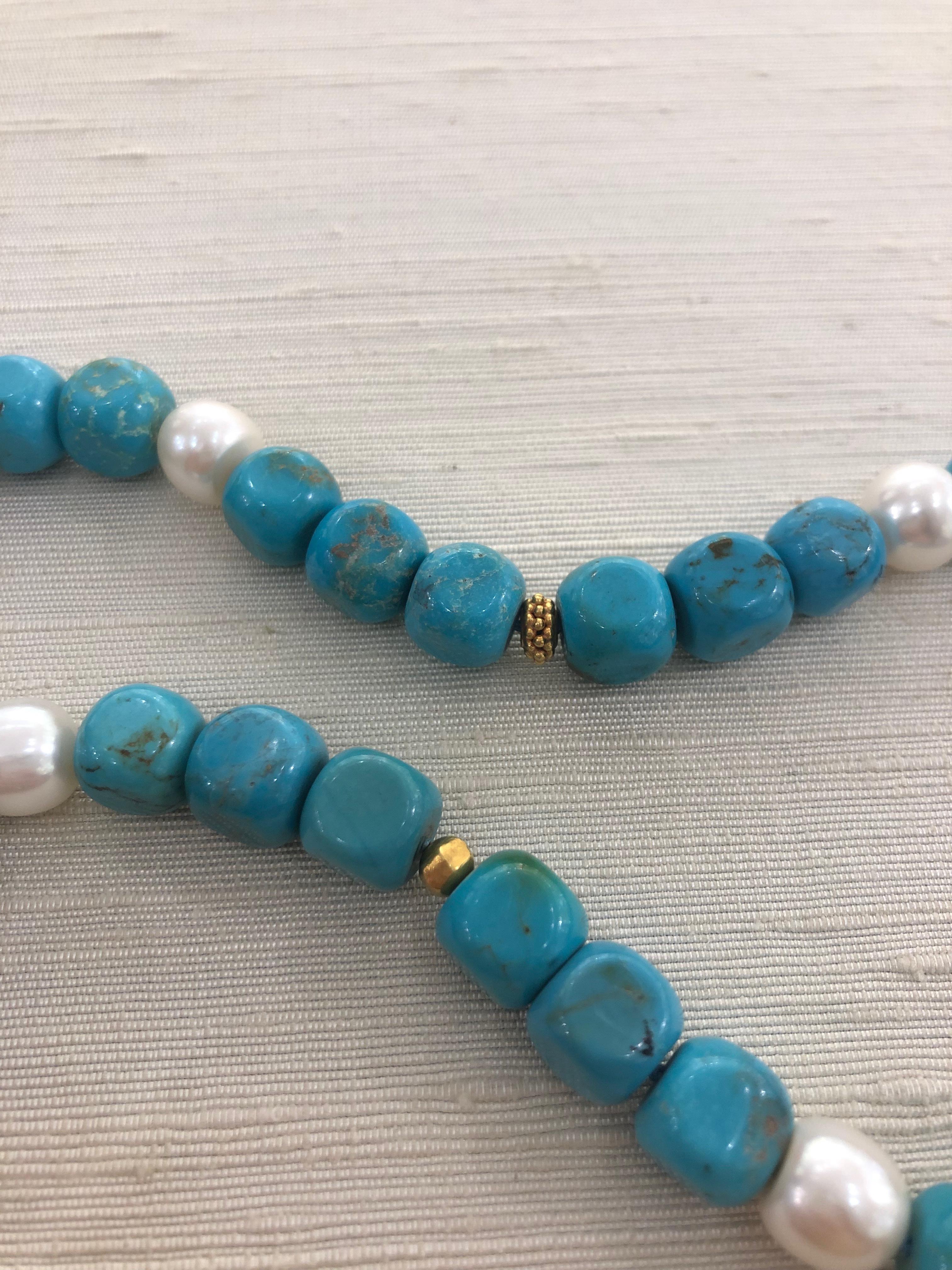 Contemporary Turquoise Necklace with Freshwater Pearls and 18 Karat Gold Beads