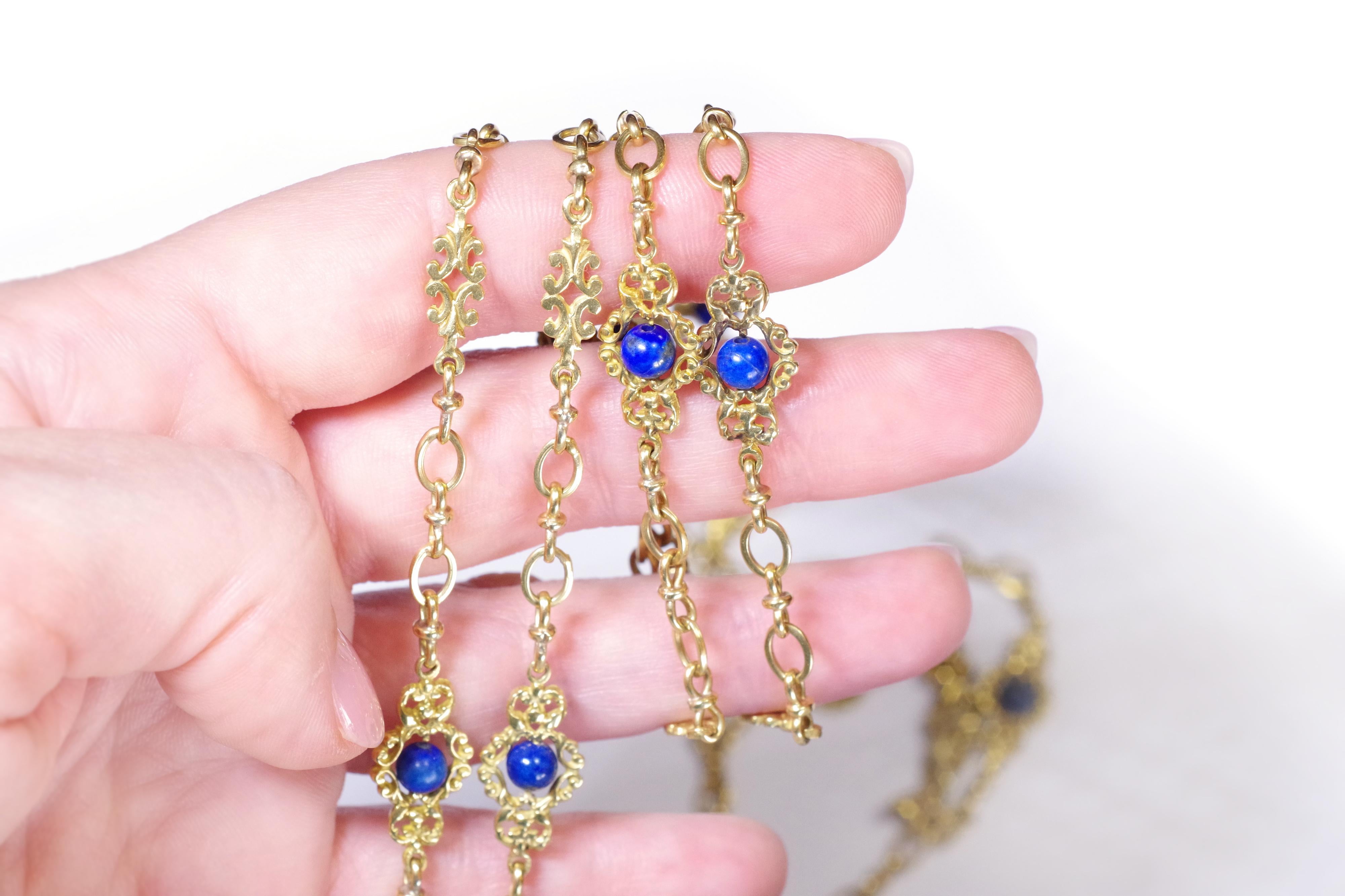 Bead Long neogothic Victorian necklace in yellow gold 18 karats