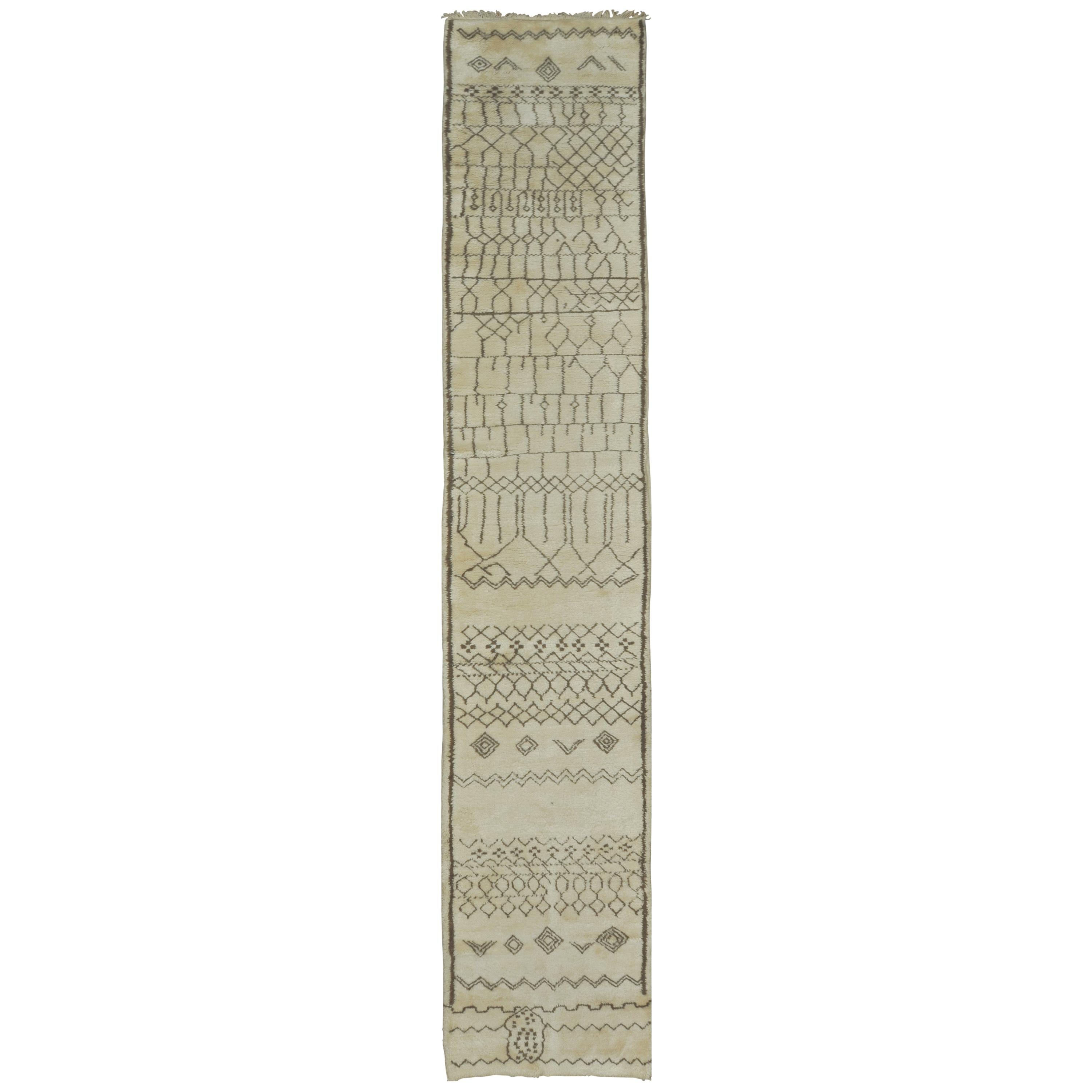 Long New Hand Knotted Wool Moroccan Runner Rug For Sale
