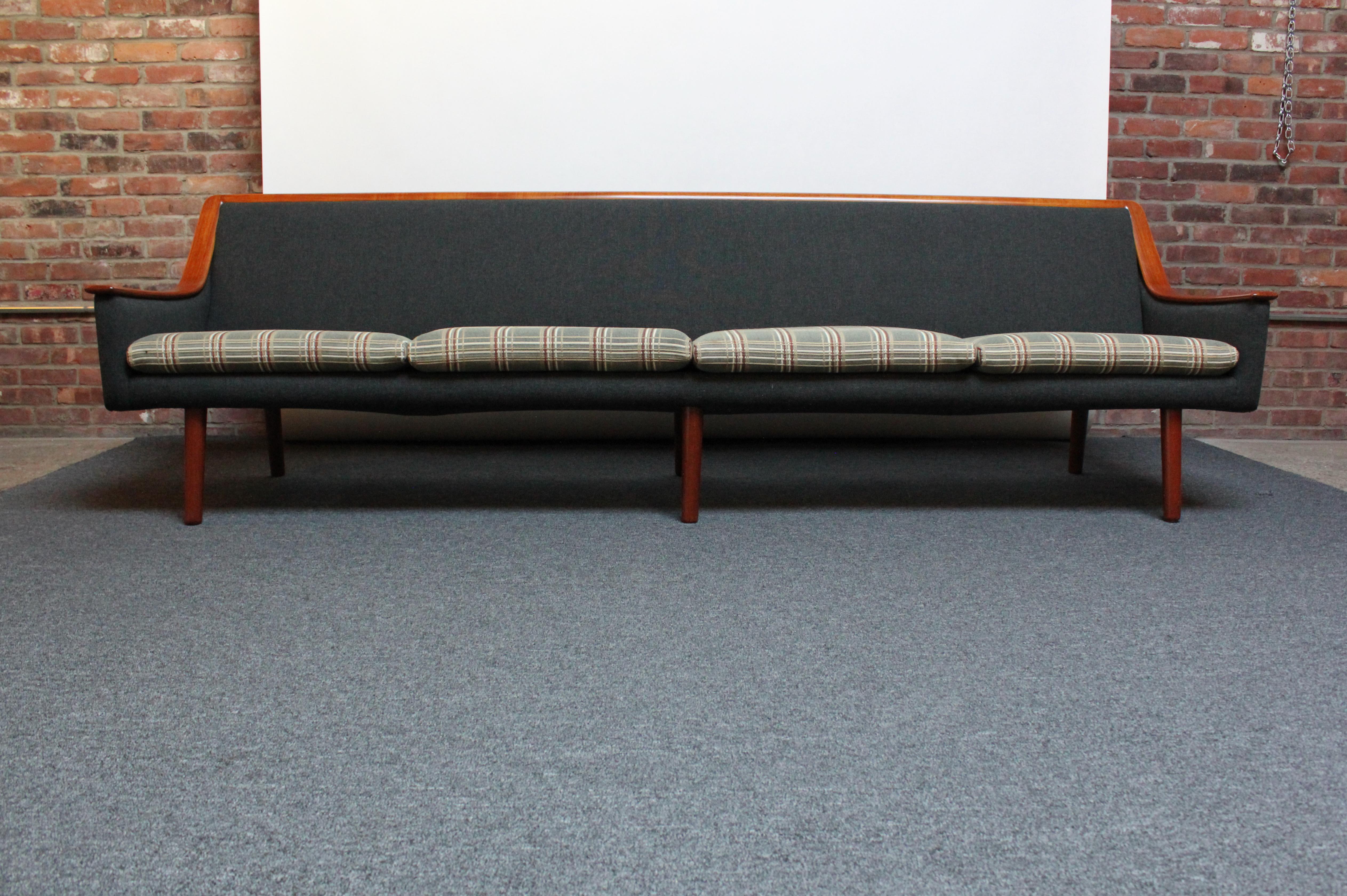 Wool Long Norwegian Modern Exposed Teak Sofa with Original Upholstery For Sale