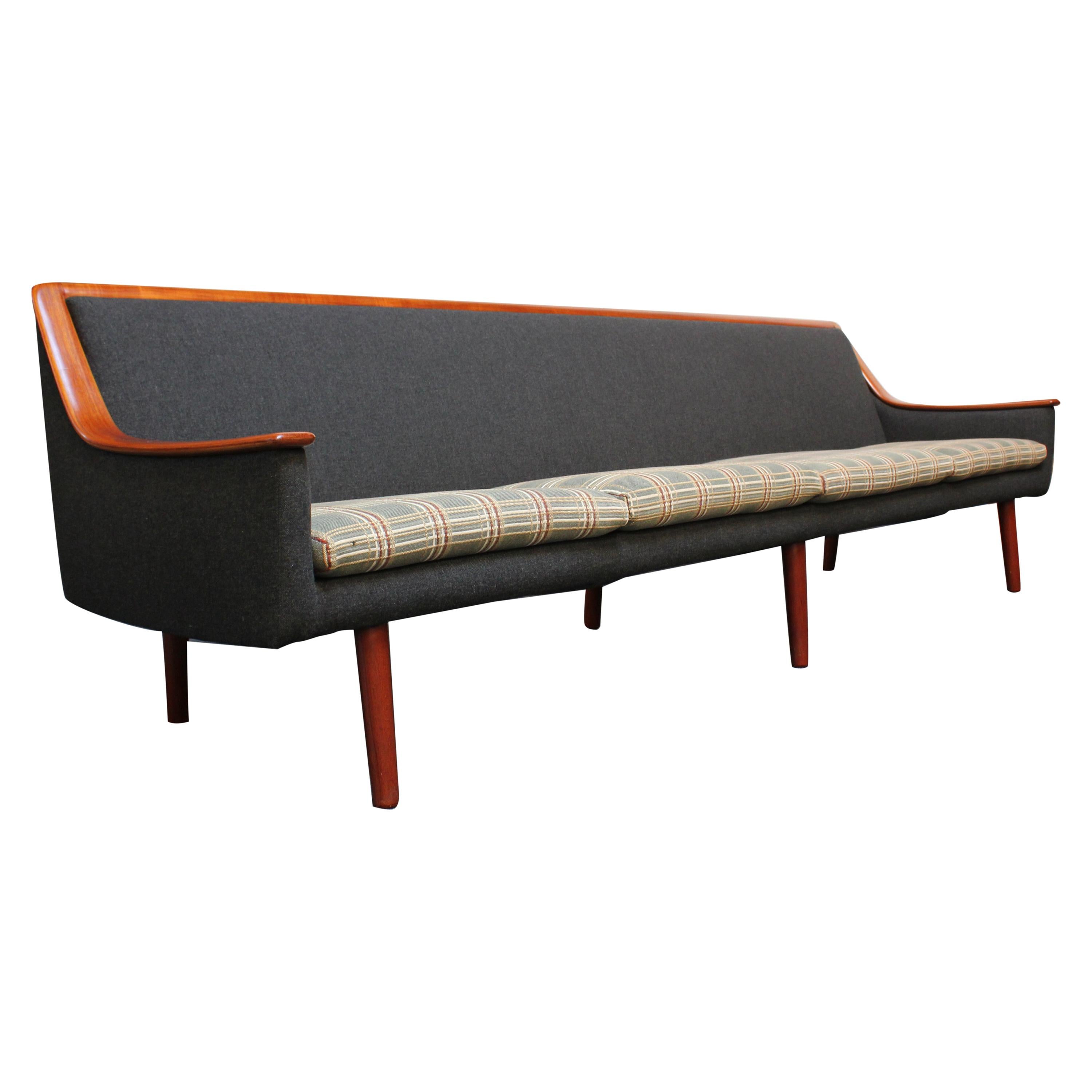 Long Norwegian Modern Exposed Teak Sofa with Original Upholstery For Sale