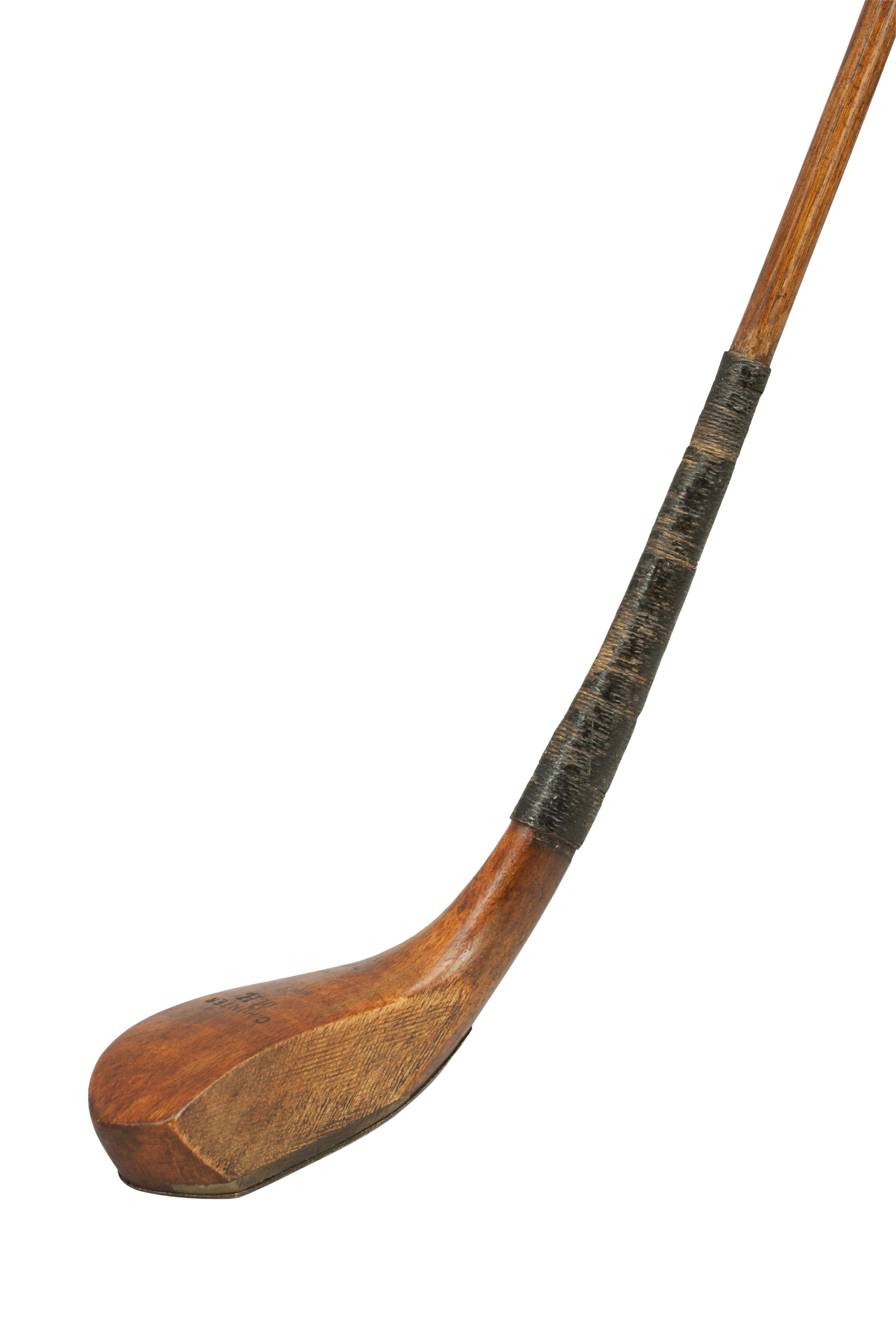 Antique long nose golf club.
A superb beechwood long nosed scared-head golf club stamped 'C Hunter'. The polished head with lead weight to the rear and traditional horn slip along the leading edge of the sole which has a full brass sole plate. The