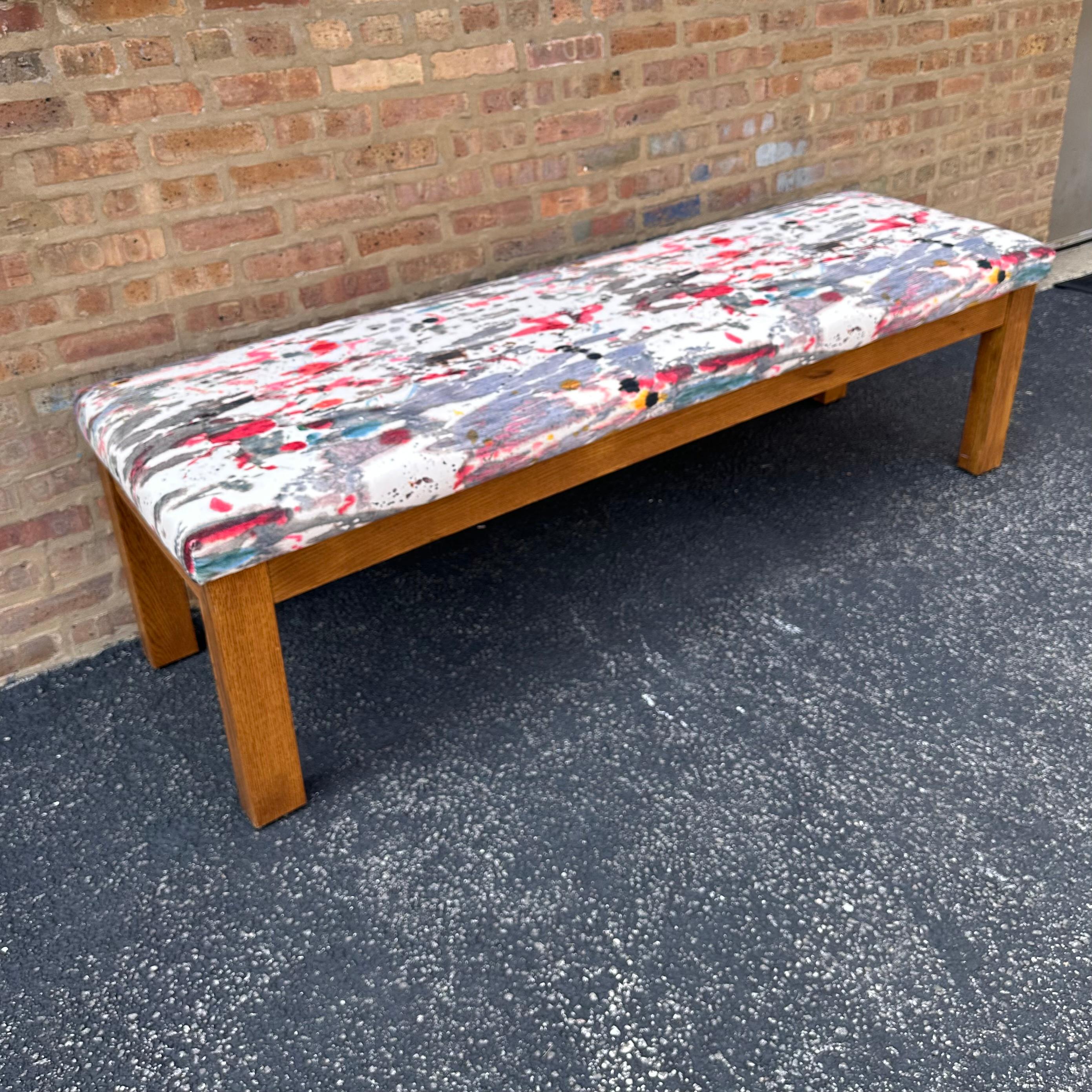 Mission Long Oak Bench with Holly Hunt Upholstery