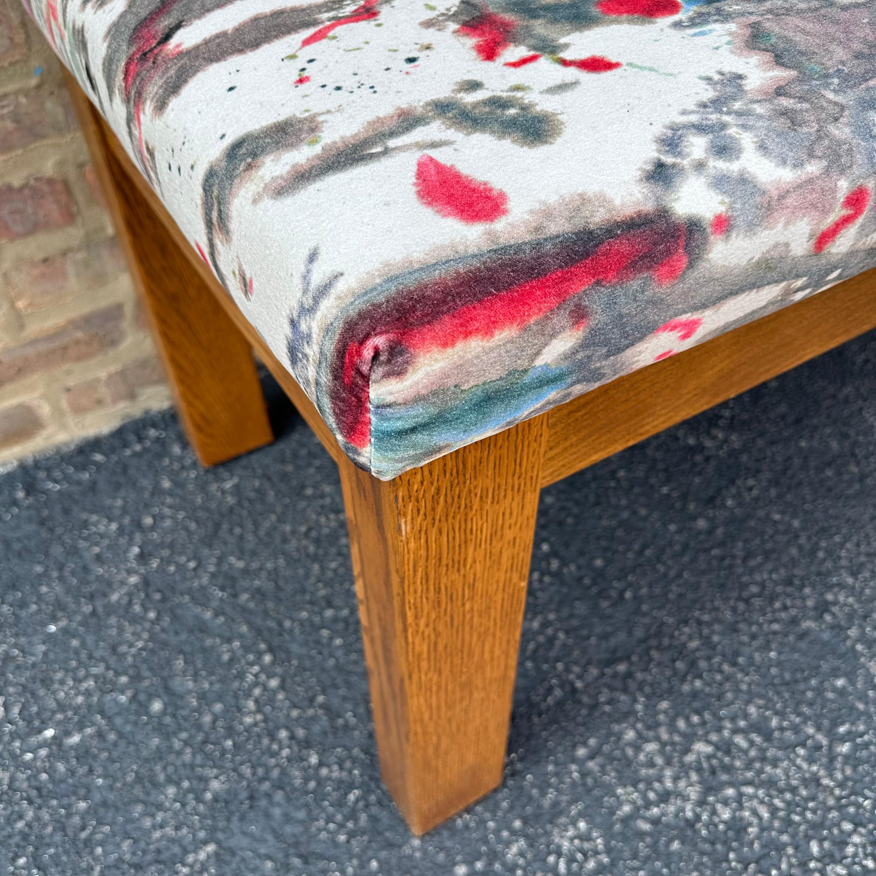Velvet Long Oak Bench with Holly Hunt Upholstery