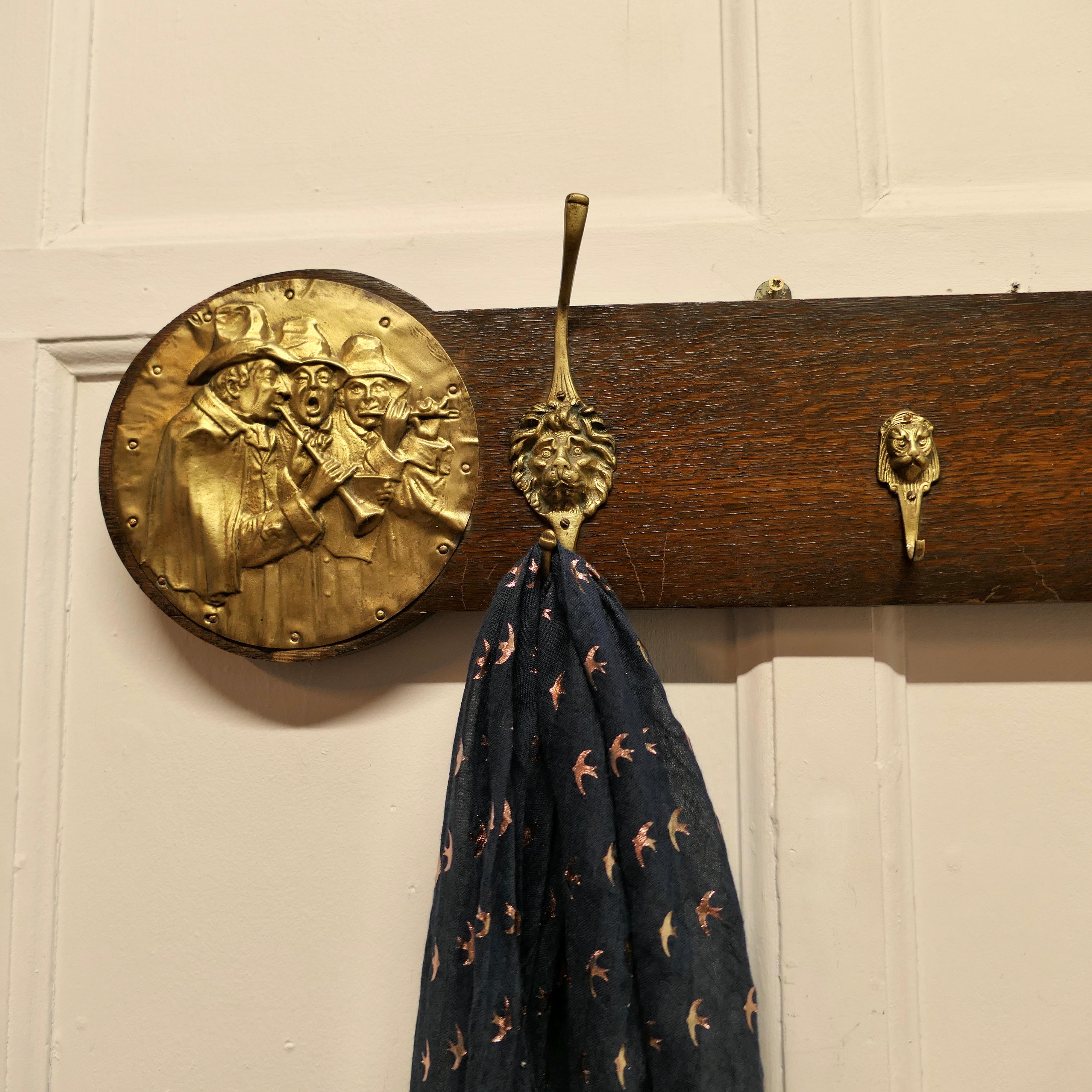 Long Oak Pub Coat Rack, with Lion’s Mask Hooks   In Good Condition In Chillerton, Isle of Wight