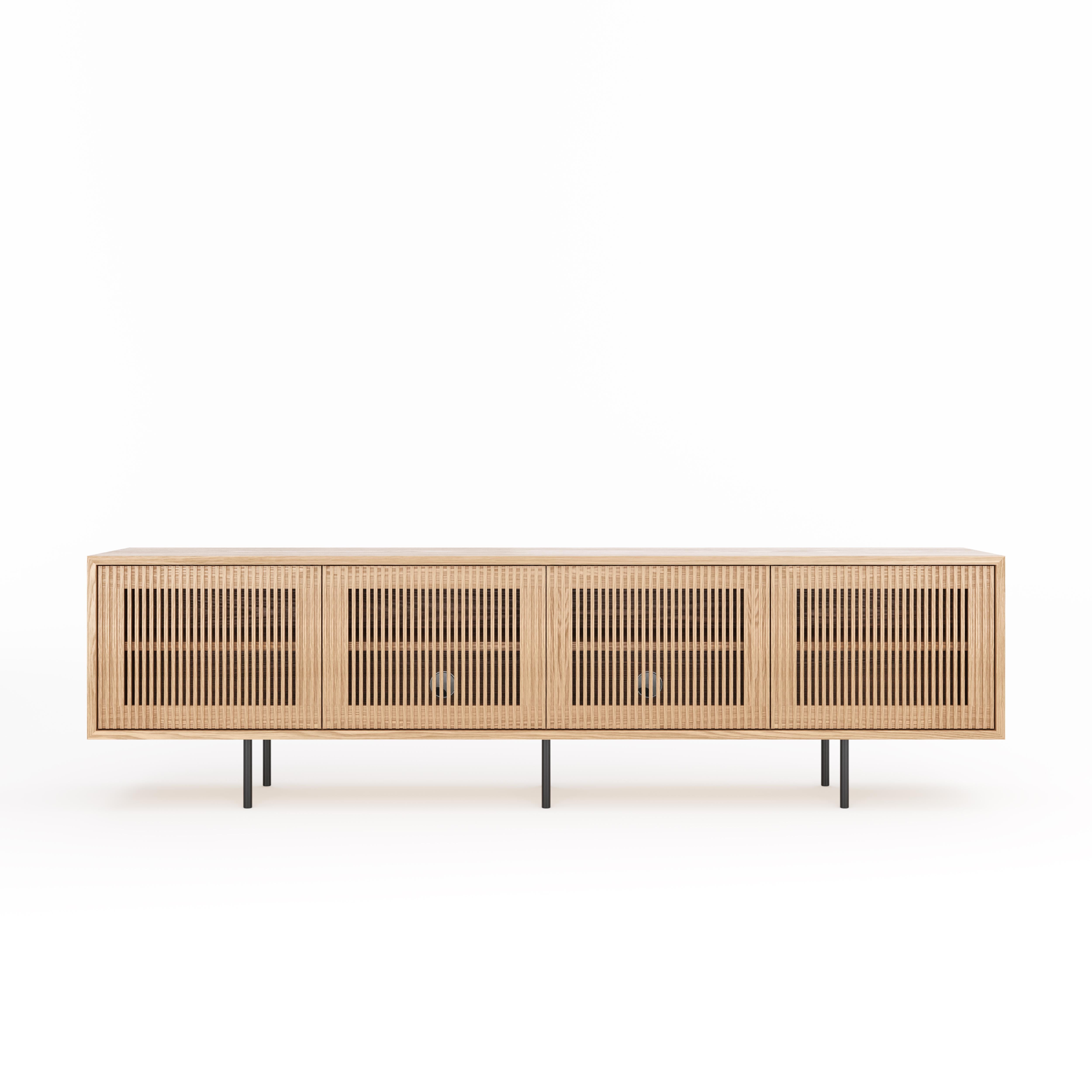Mid-Century Modern Long oak sideboard TV stand with slatted doors in mid century modern style For Sale