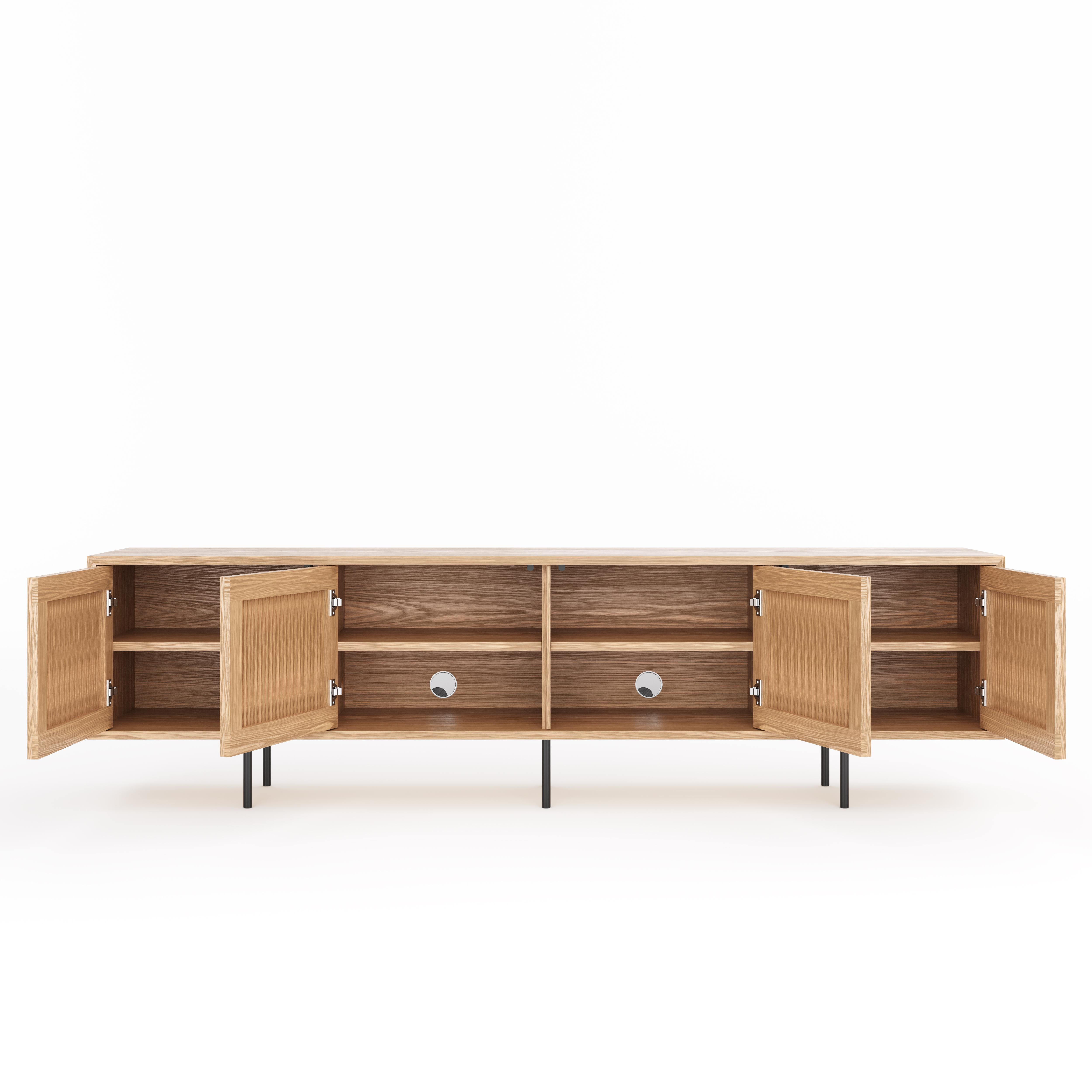 Polish Long oak sideboard TV stand with slatted doors in mid century modern style For Sale