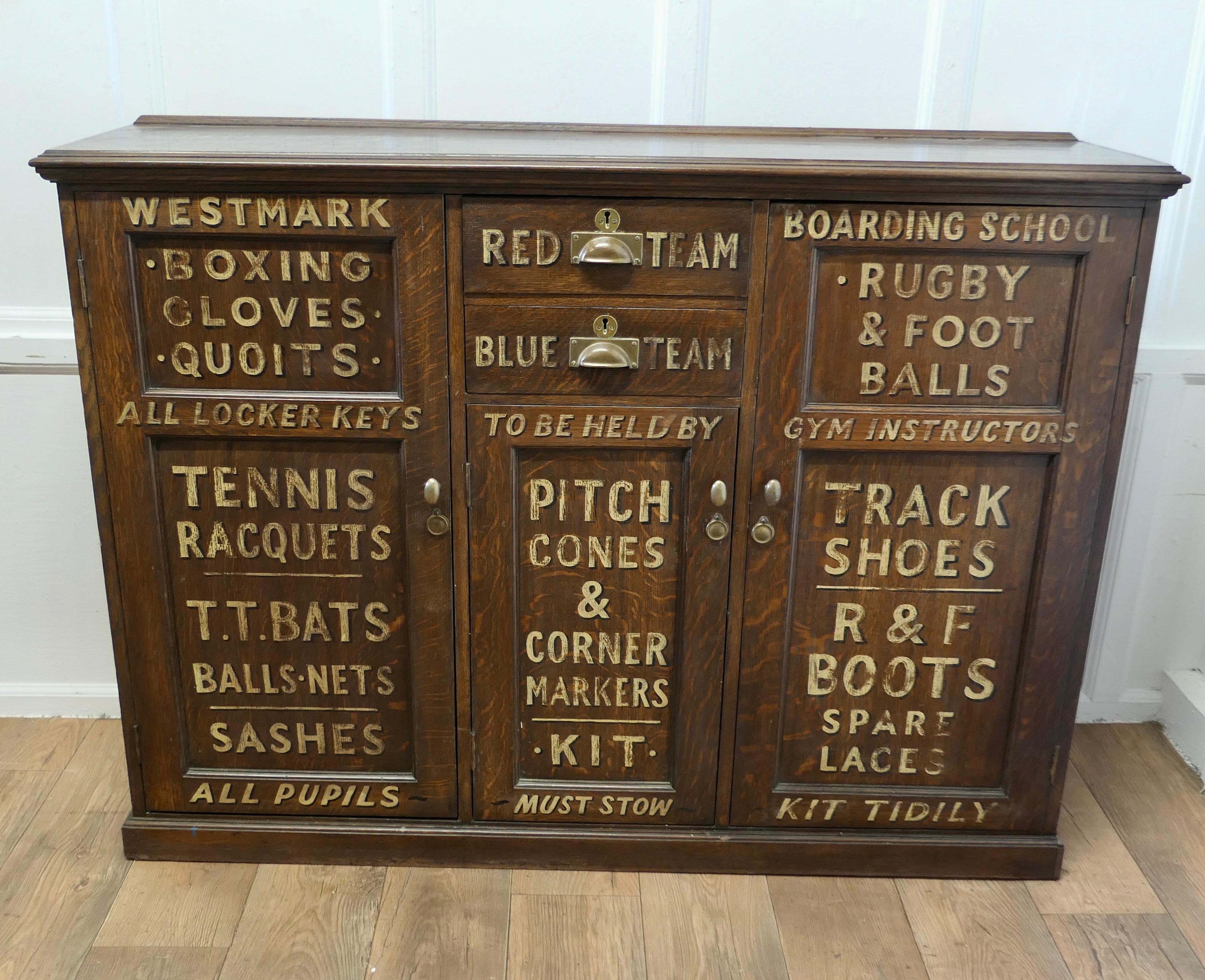 Long Oak Sports Equipment School Cupboard 

A superb piece, a sports equipment storage cupboard from Westmark Boarding School, the panelled doors are very interesting, they have been wonderfully painted in the 1950s by the school showing the