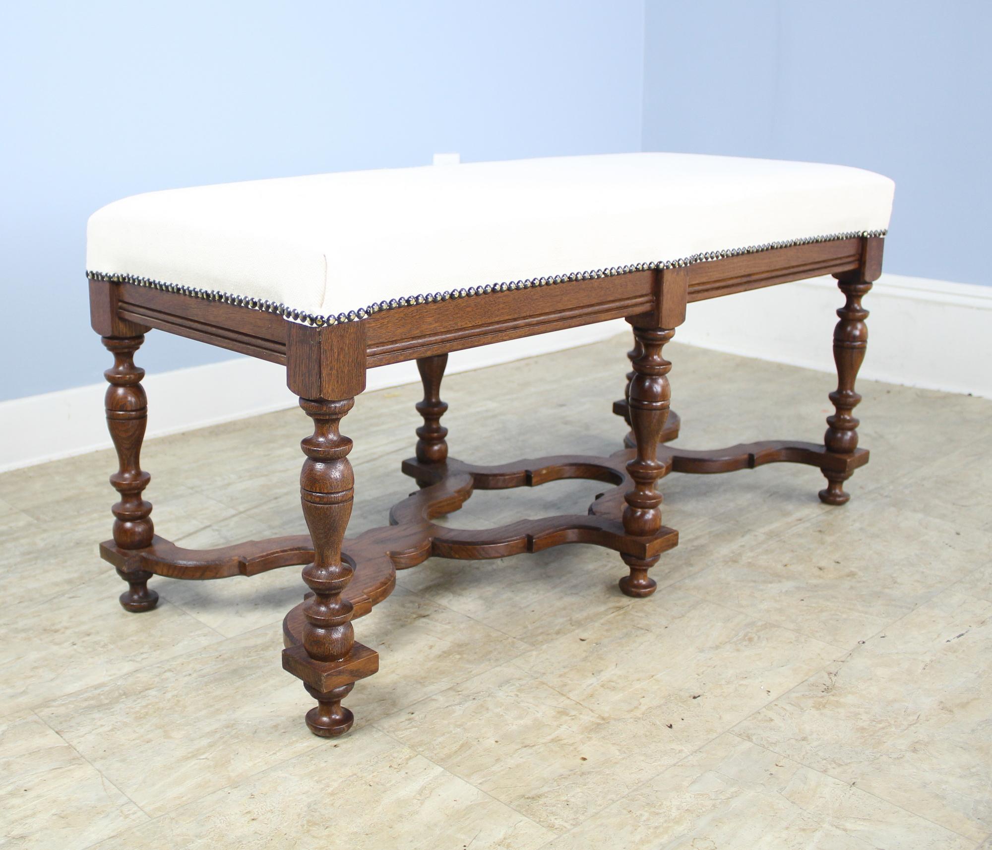 19th Century Long Oak Stool with Turned Legs and Criss-Cross Stretcher Base